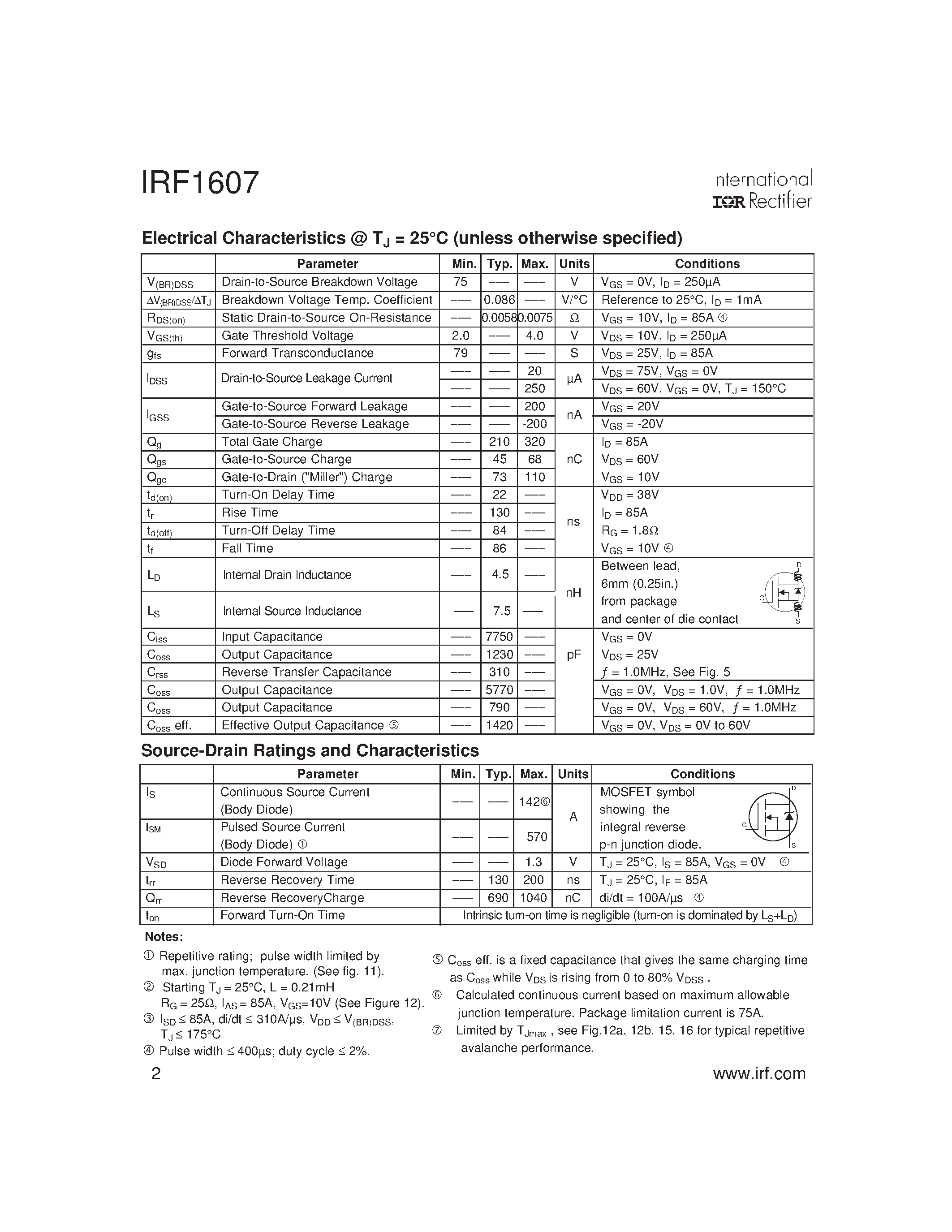 Datasheet IRF1607 - Power MOSFET(Vdss=75V/ Rds(on)=0.0075ohm/ Id=142A) page 2