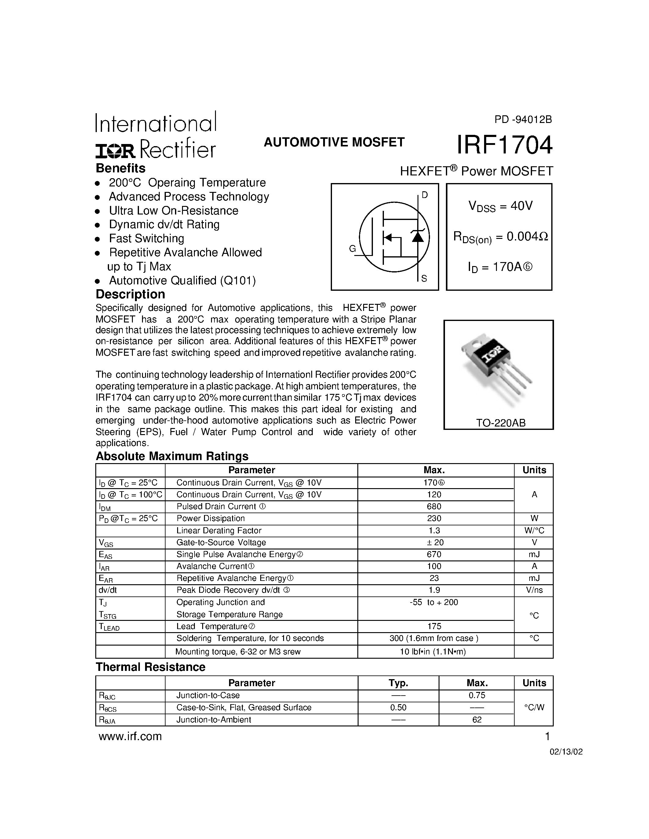 Даташит IRF1704 - Power MOSFET(Vdss=40V/ Rds(on)=0.004ohm/ Id=170A) страница 1