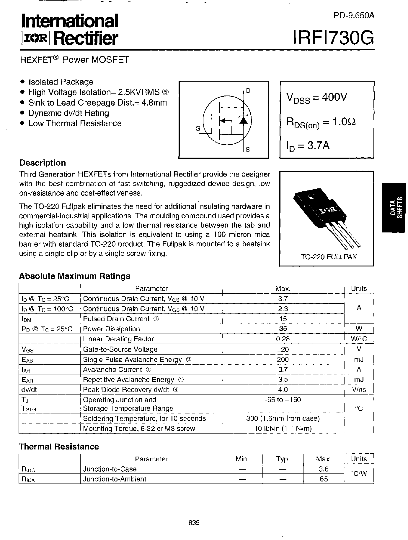 Datasheet IRF1730G - Power MOSFET(Vdss=400V/ Rds(on)=1.0ohm/ Id=3.7A) page 1