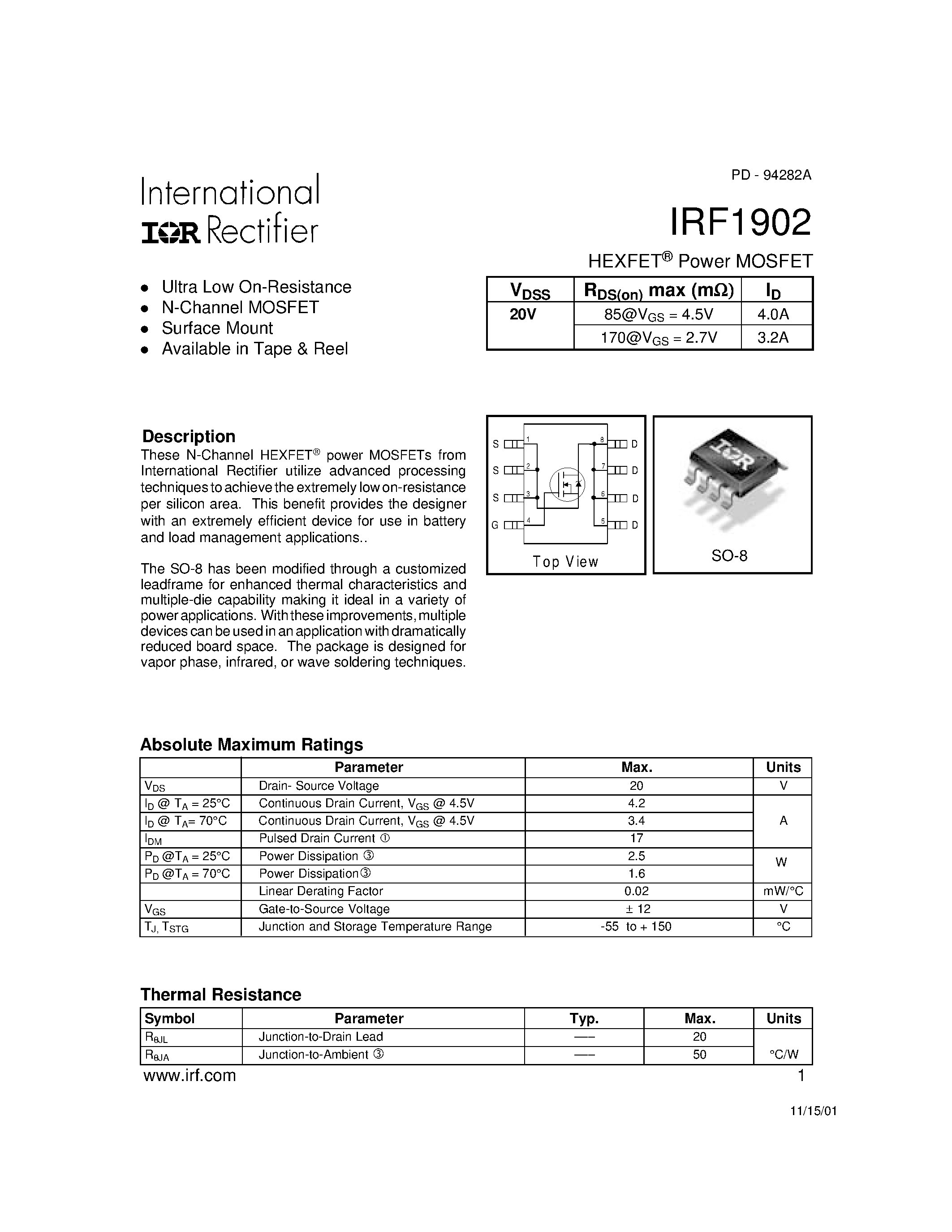 Даташит IRF1902 - Power MOSFET(Vdss=20V) страница 1