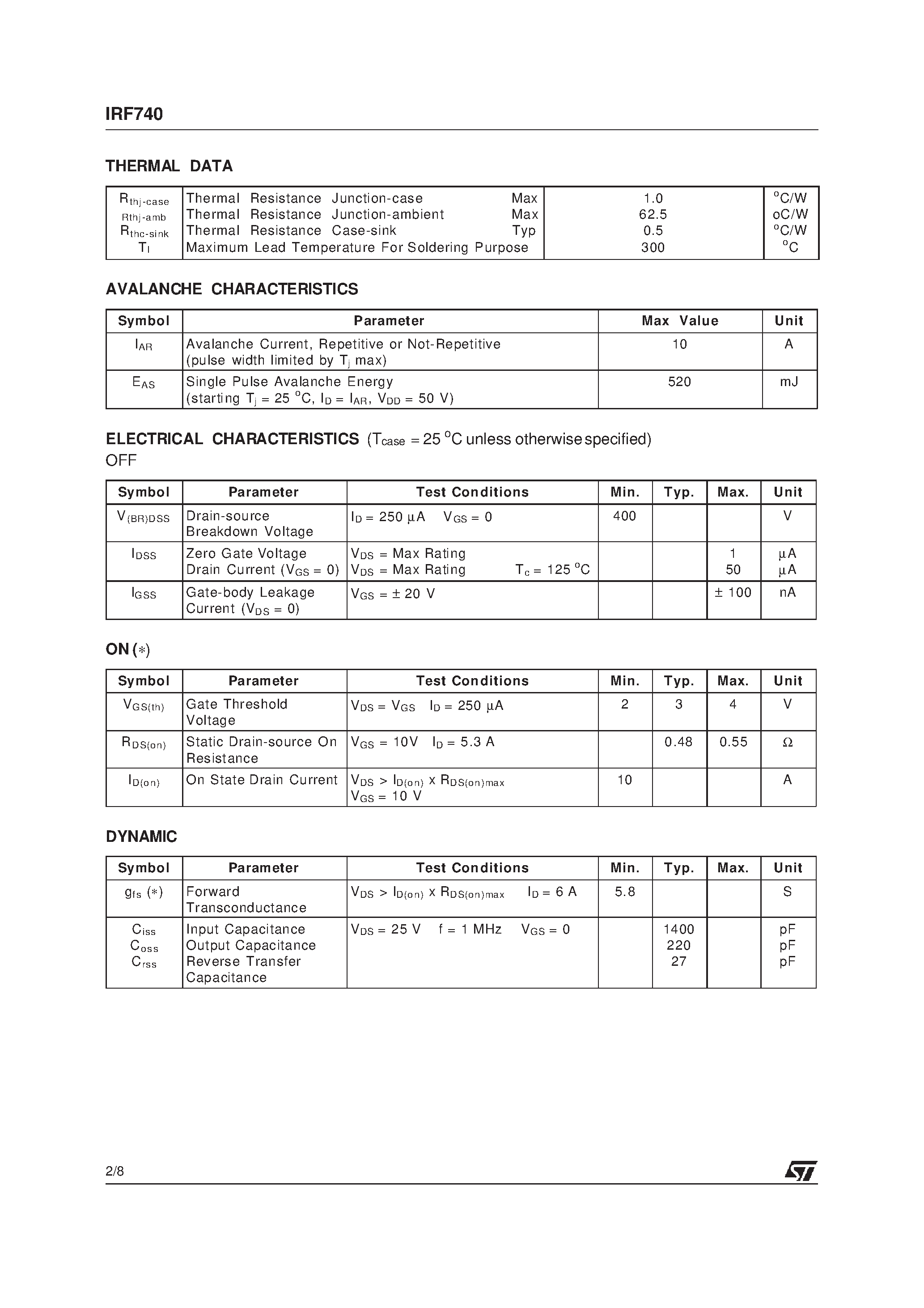 Datasheet IRF740 - N - CHANNEL 400V - 0.48 ohm - 10 A - TO-220 PowerMESH] MOSFET page 2