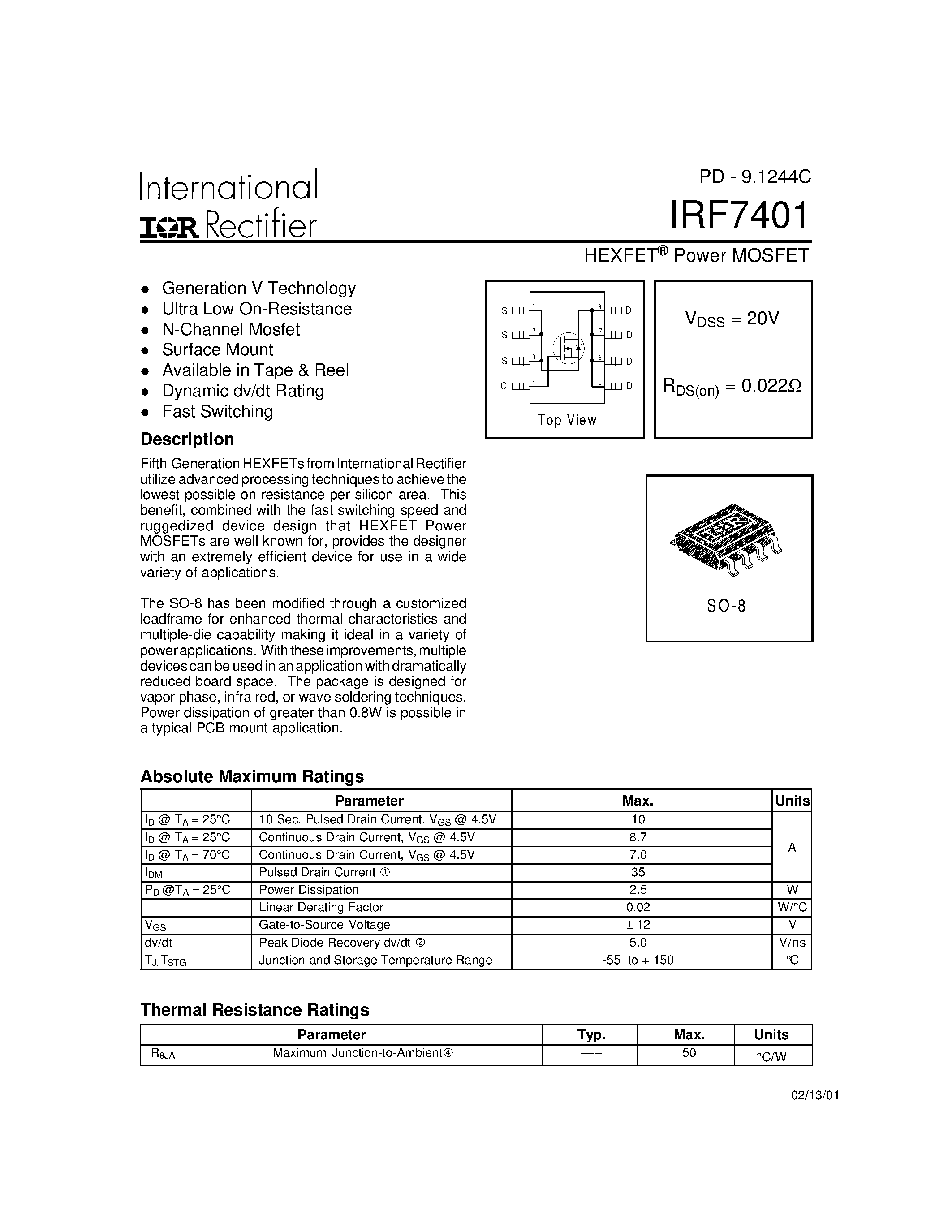 Datasheet IRF7401 - Power MOSFET(Vdss=20V/ Rds(on)=0.022ohm) page 1