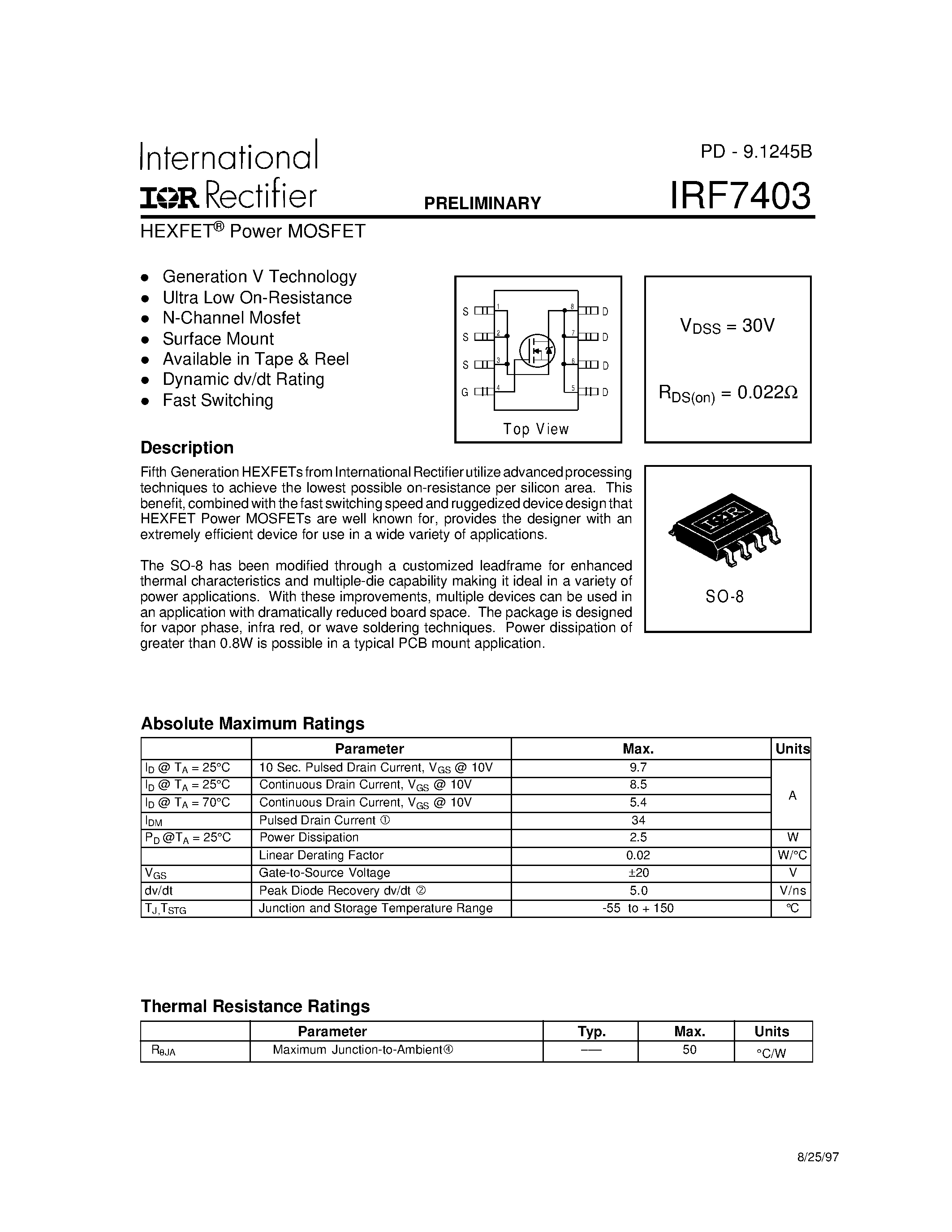 Datasheet IRF7403 - Power MOSFET page 1