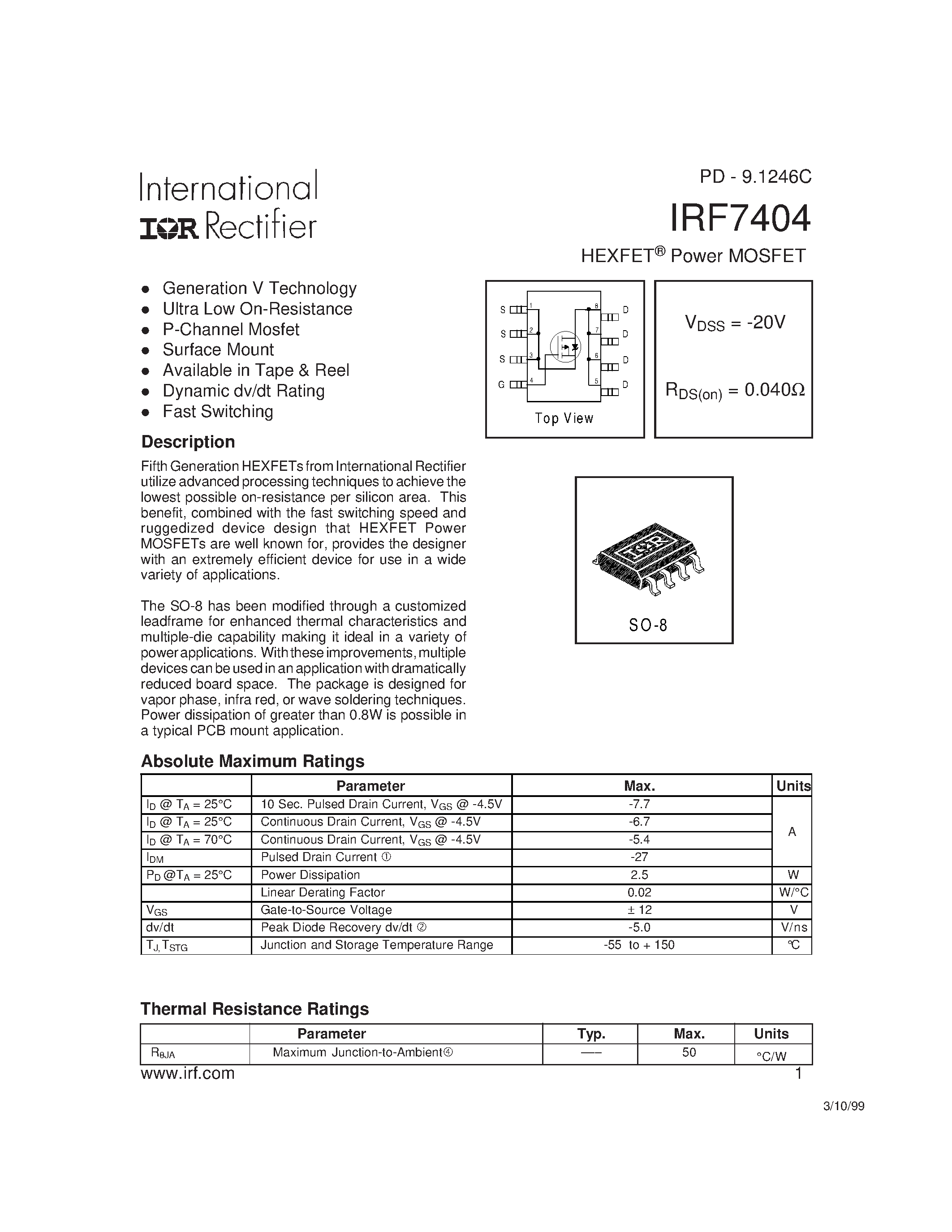 Datasheet IRF7404 - HEXFET Power MOSFET page 1