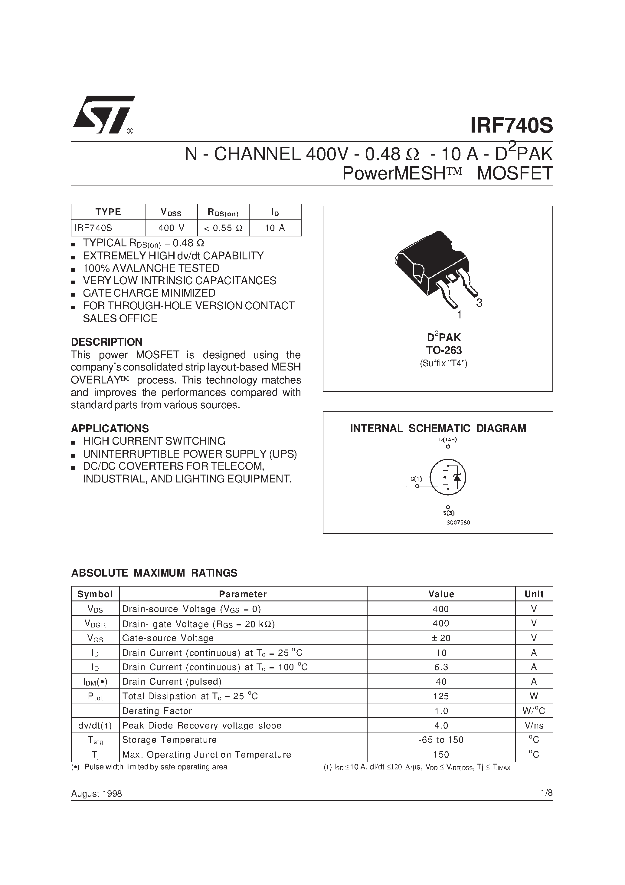 Datasheet IRF740S - N - CHANNEL 400V - 0.48 ohm - 10 A - D2PAK PowerMESH] MOSFET page 1