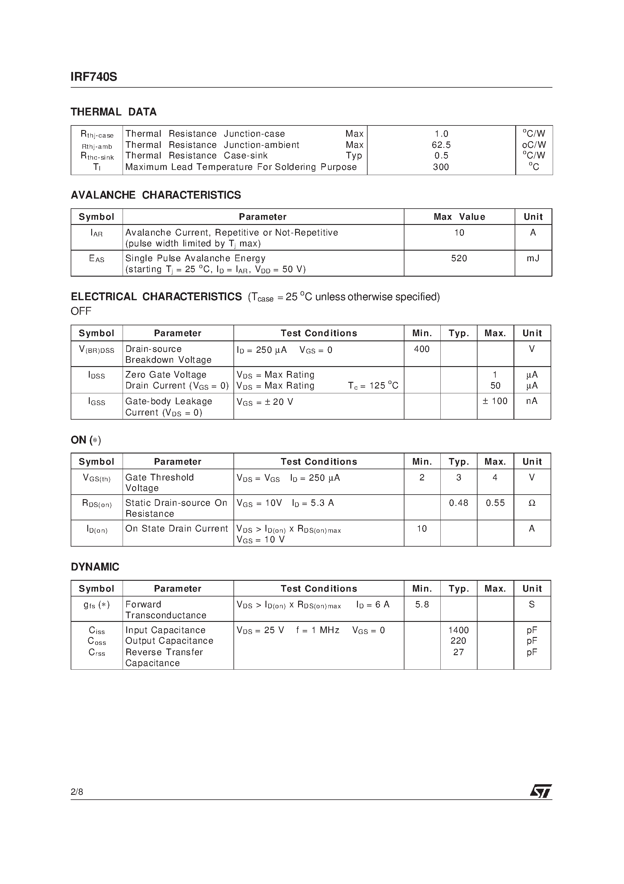 Datasheet IRF740S - N - CHANNEL 400V - 0.48 ohm - 10 A - D2PAK PowerMESH] MOSFET page 2