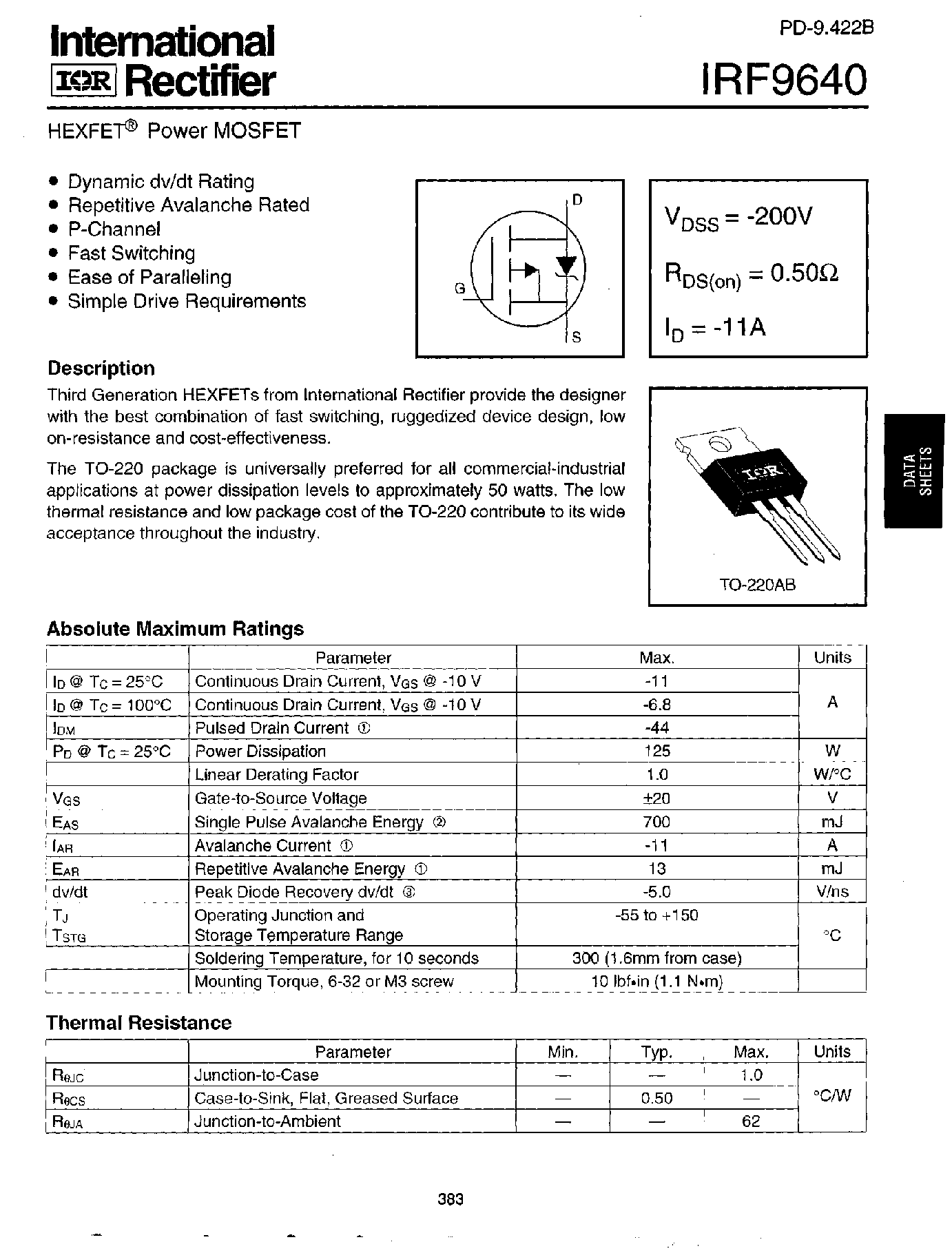 Datasheet IRF9640 - Power MOSFET(Vdss=-200V/ Rds(on)=0.50ohm/ Id=-11A) page 1