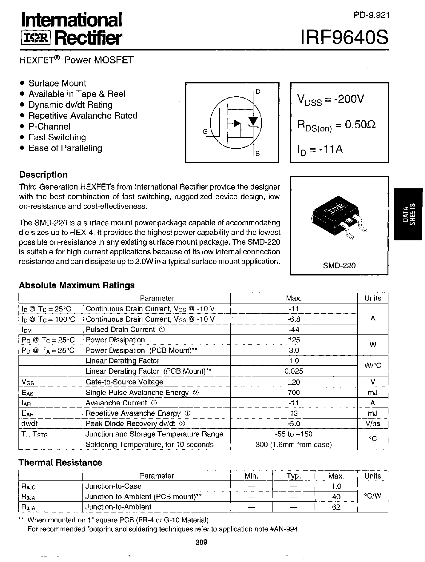 Datasheet IRF9640S - Power MOSFET(Vdss=-200V/ Rds(on)=0.50ohm/ Id=-11A) page 1