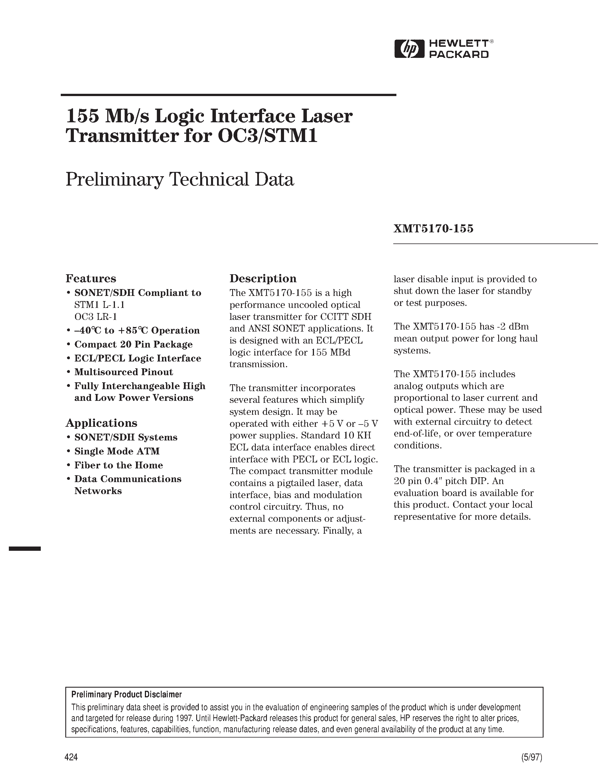 Datasheet XMT5170A-155-SC - 155 Mb/s Logic Interface Laser Transmitter for OC3/STM1 page 1