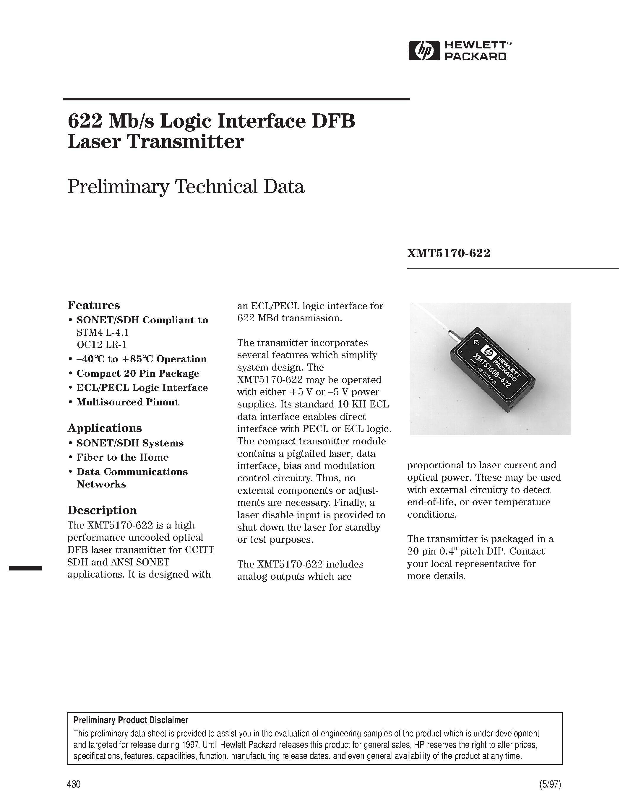 Datasheet XMT5170A-622-AS - 622 Mb/s Logic Interface DFB Laser Transmitter page 1