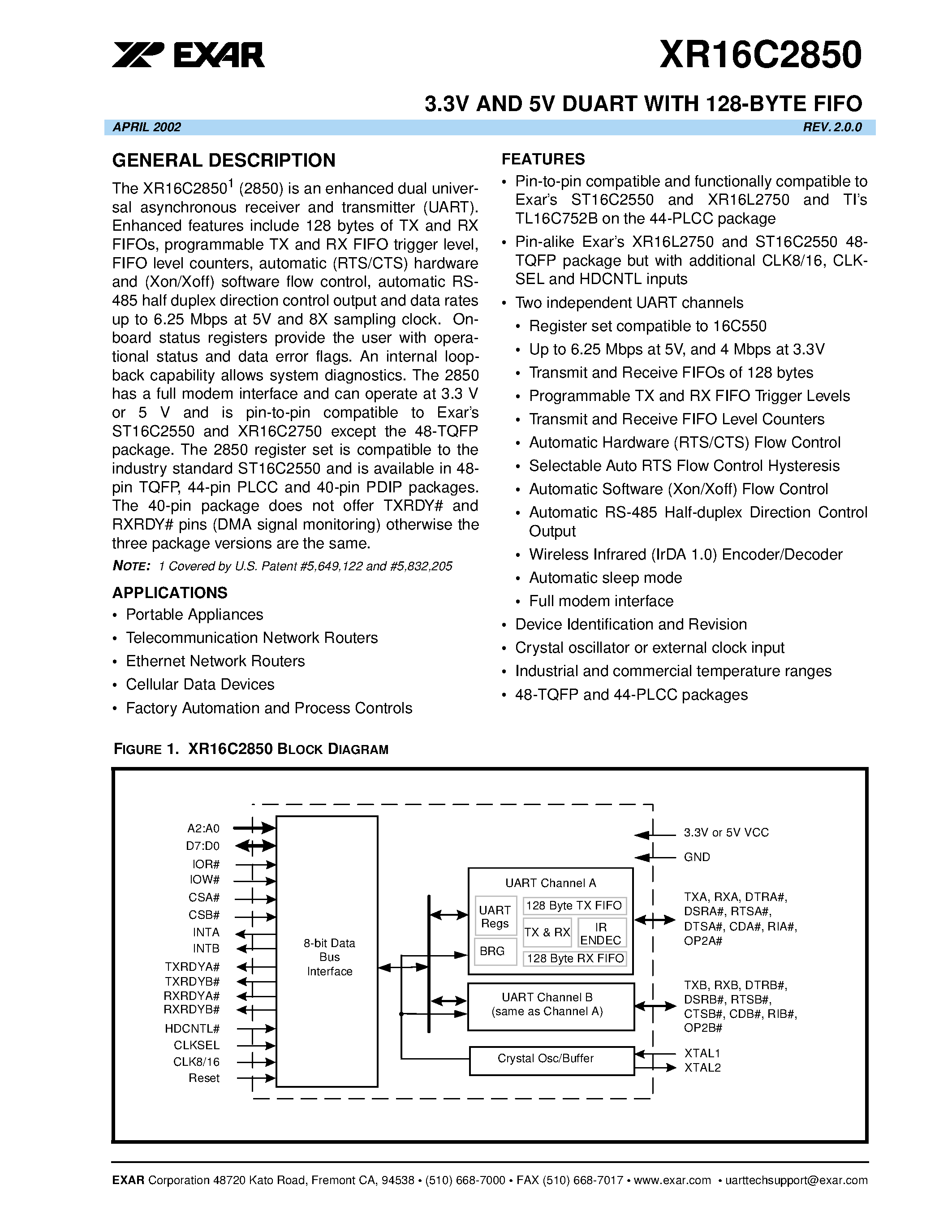 Datasheet XR16C2850CJ44 - 3.3V AND 5V DUART WITH 128-BYTE FIFO page 1