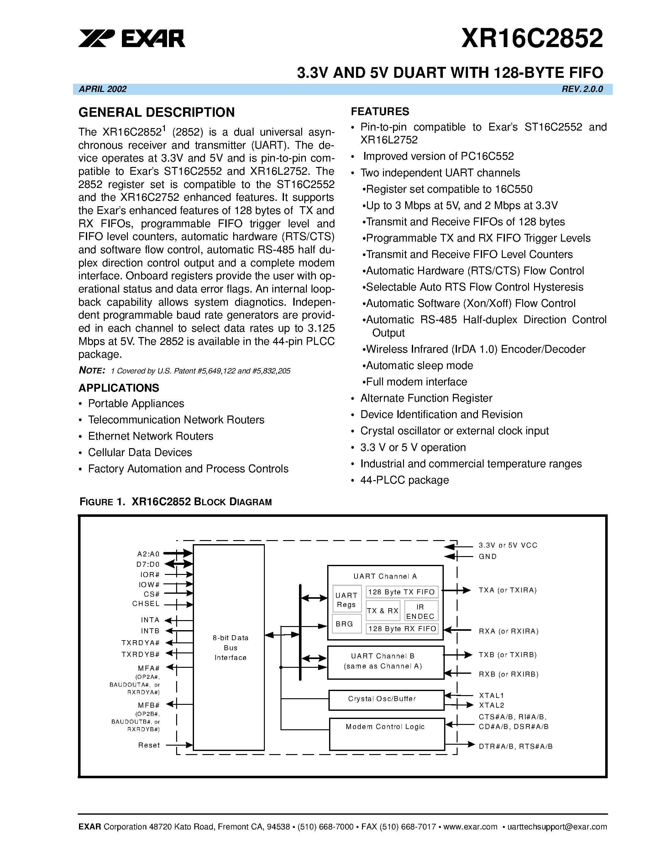 Datasheet XR16C2852CJ - 3.3V AND 5V DUART WITH 128-BYTE FIFO page 1