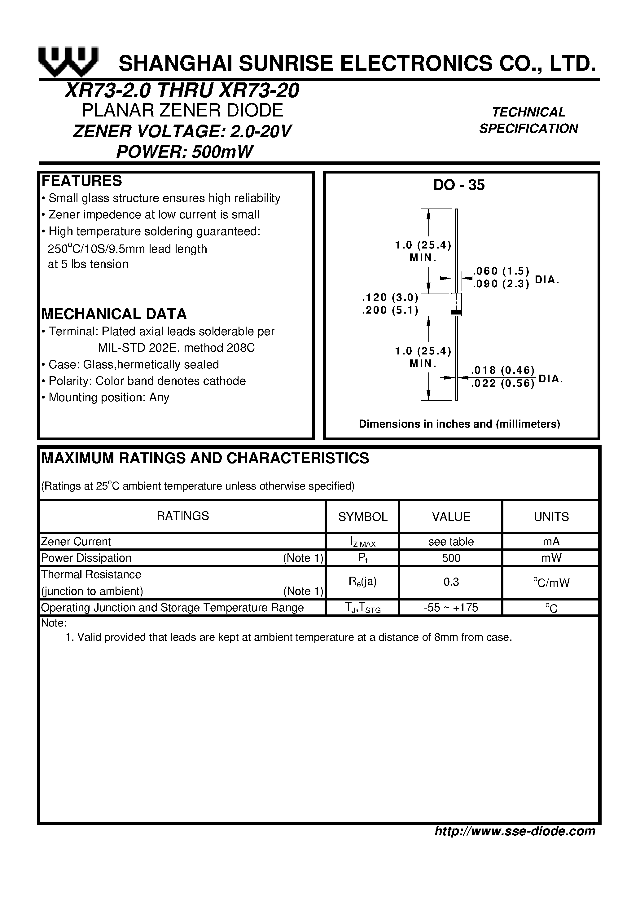 Datasheet XR73-9.1 - PLANAR ZENER DIODE page 1