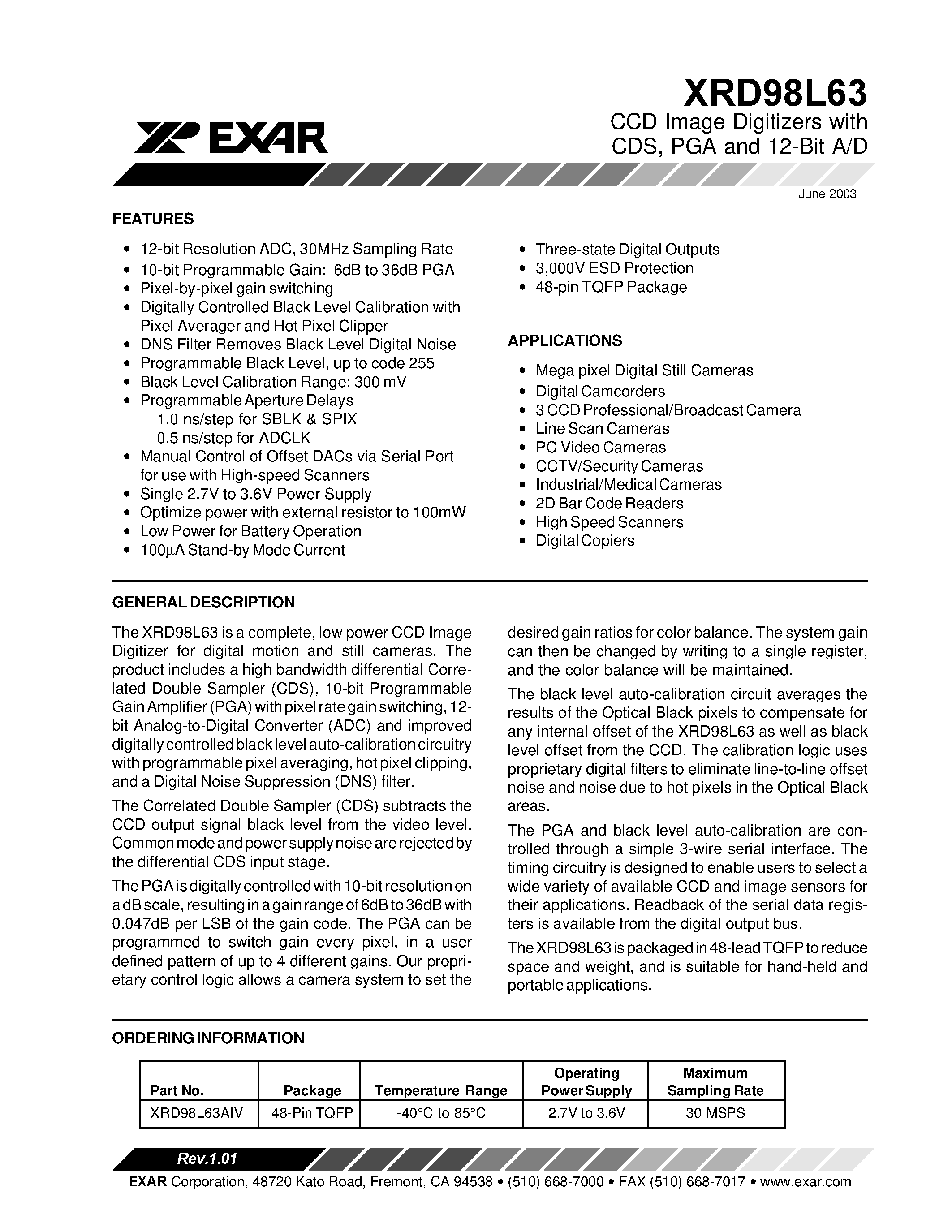 Datasheet XRD98L63 - CCD Image Digitizers with CDS/ PGA and 12-Bit A/D page 1