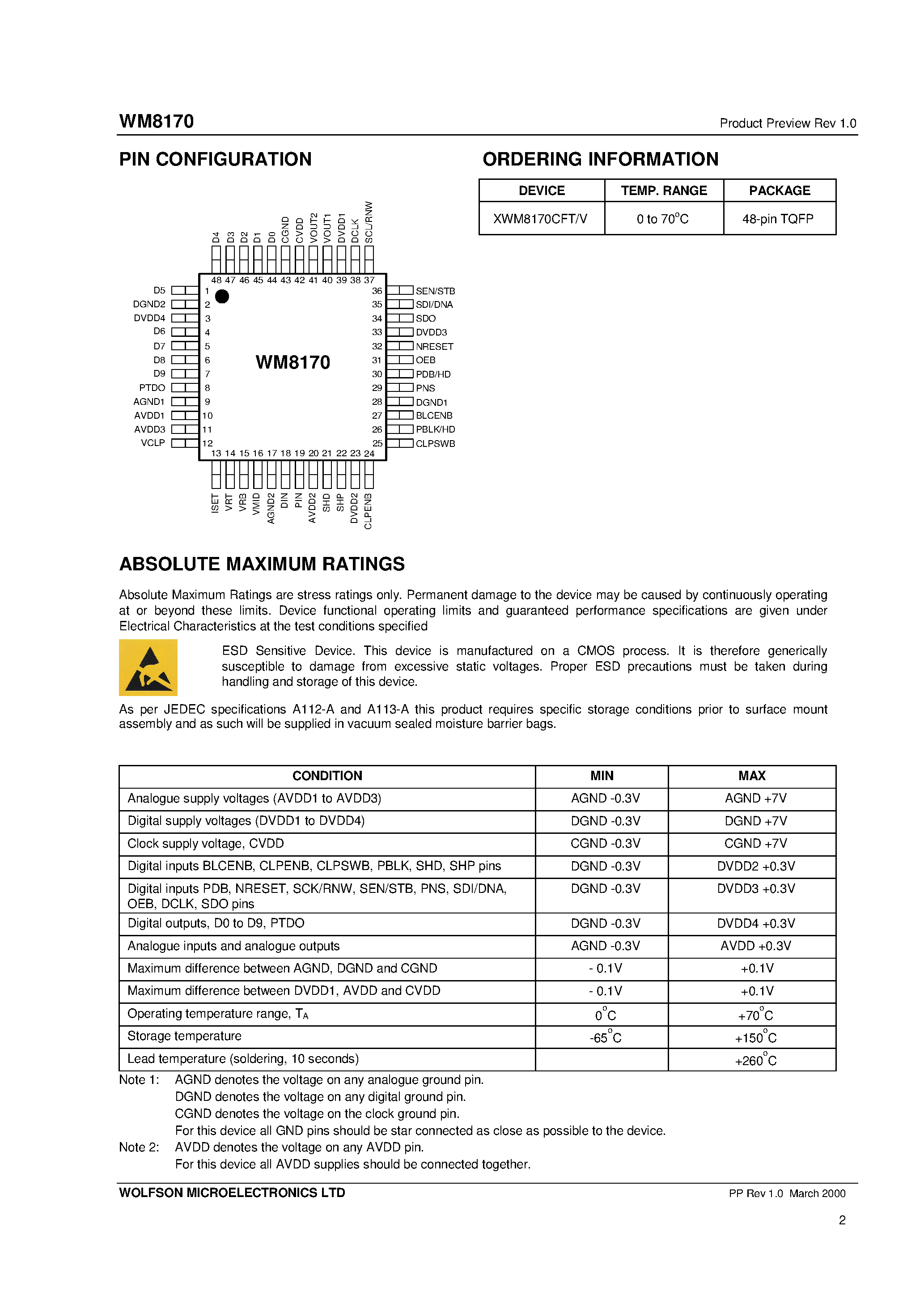 Datasheet XWM8170CFT/V - 3.3V Integrated Signal Processor for Area Array CCDs page 2