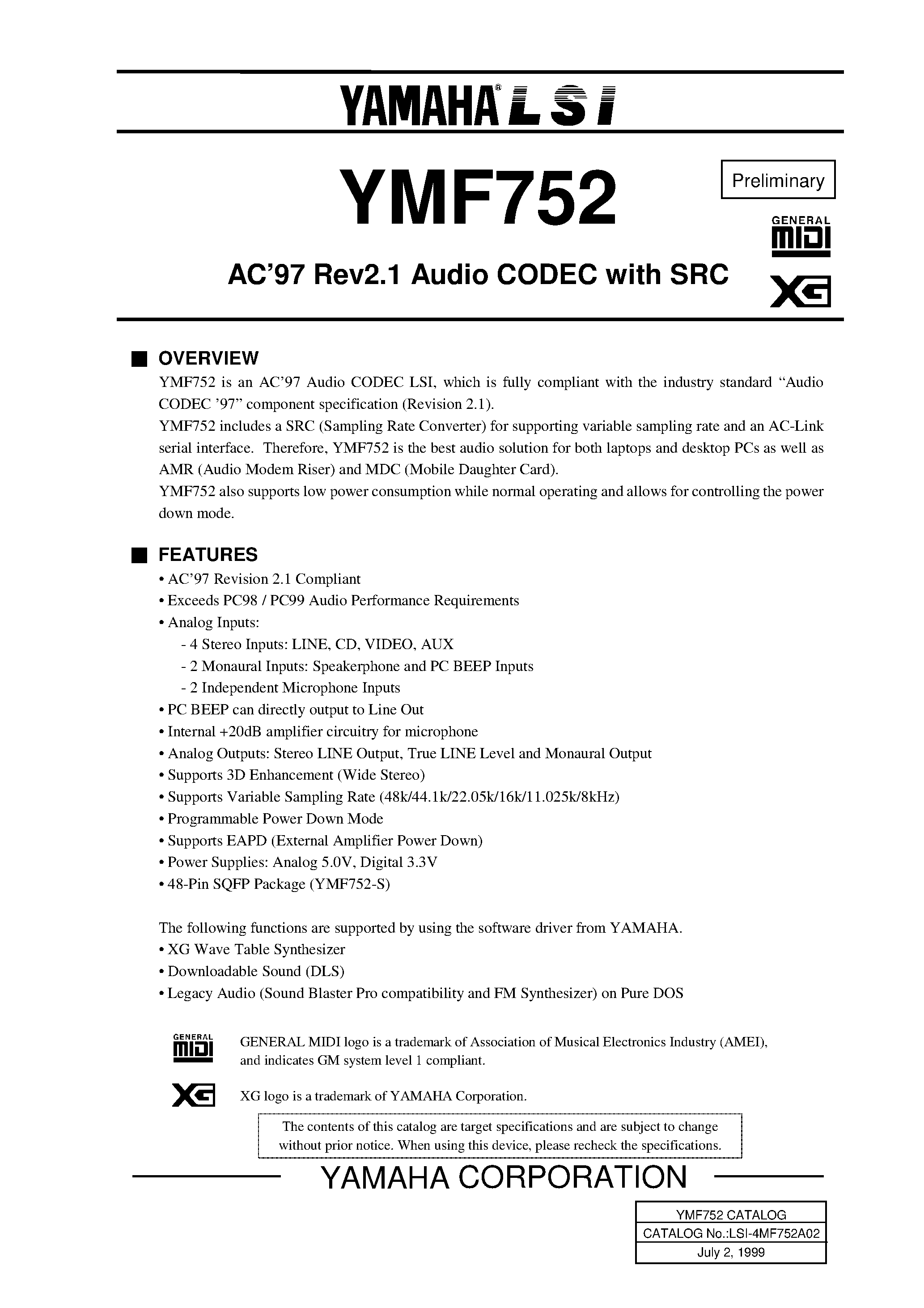 Даташит YMF752-S - AC97 Rev2.1 Audio CODEC with SRC страница 1