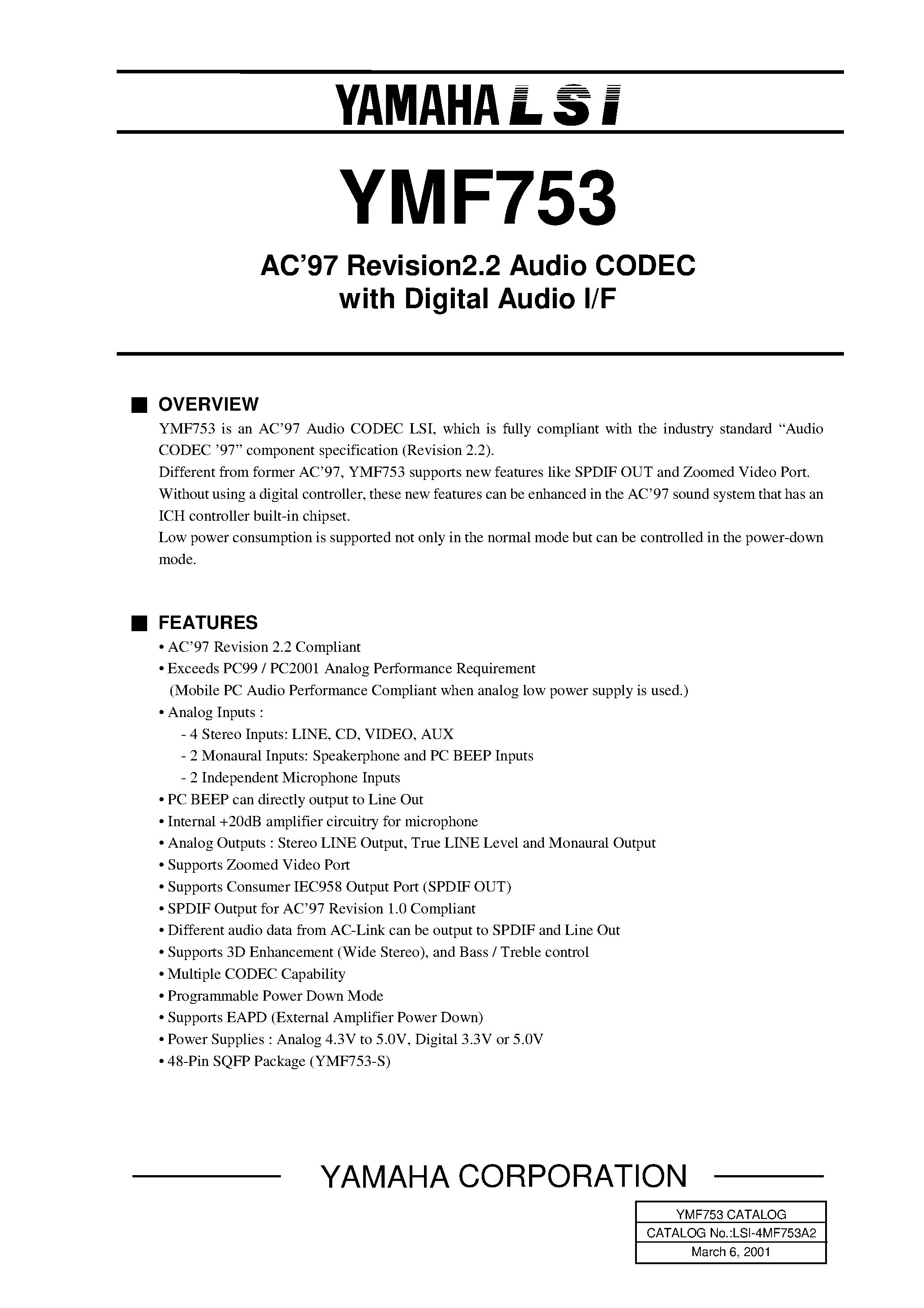 Даташит YMF753 - AC97 Revision2.2 Audio CODEC with Digital Audio I/F страница 1