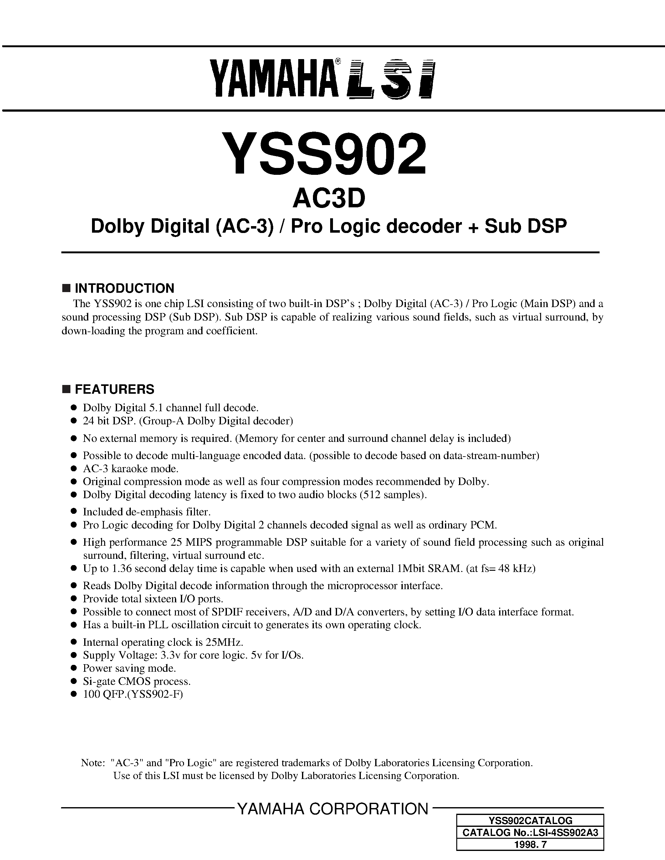 Datasheet YSS902 - Dolby Digital (AC-3) / Pro Logic decoder + Sub DSP page 1