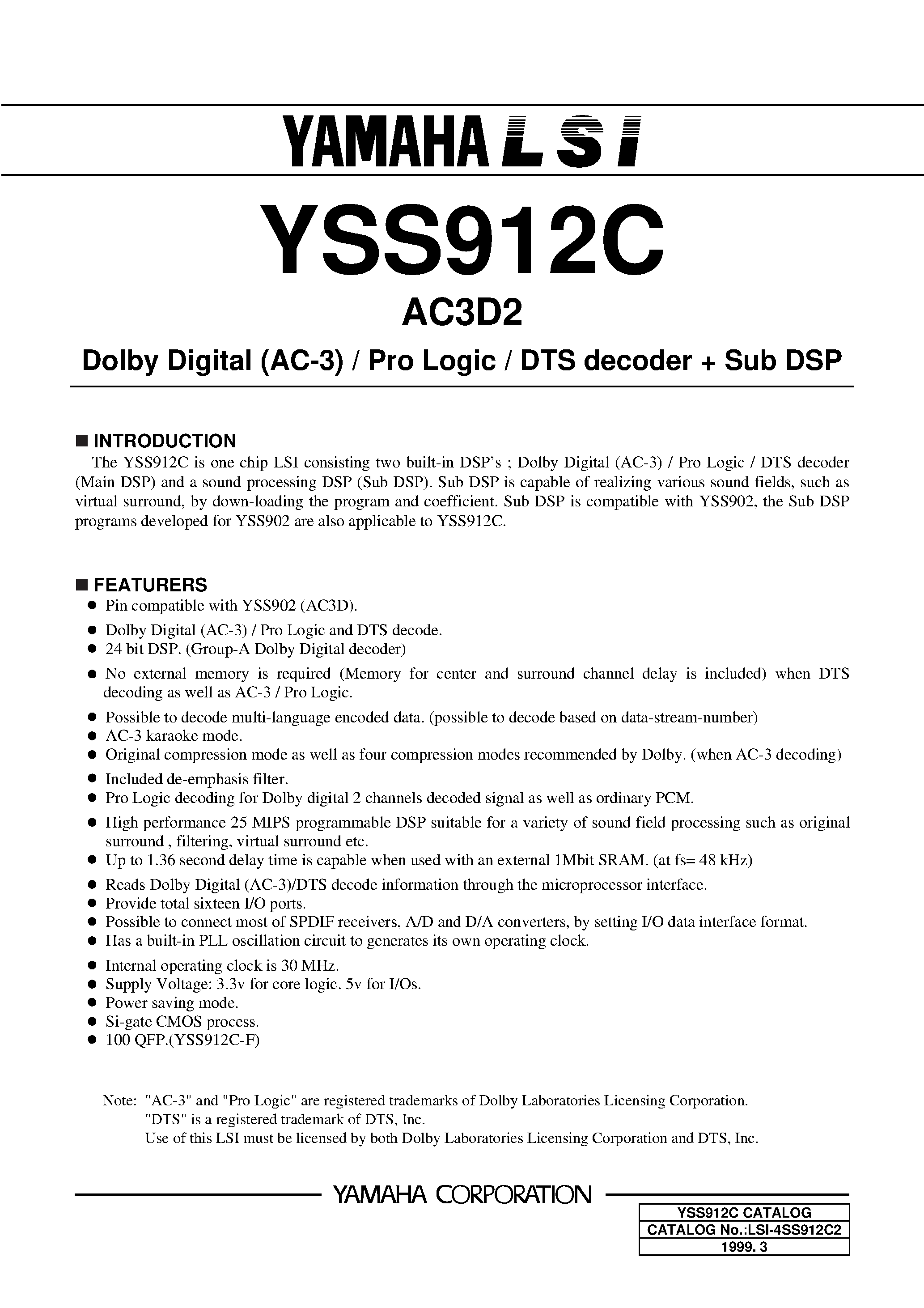 Datasheet YSS912C - DOLBY DIGITAL (AC-3) / PRO LOGIC / DTS DECODER + SUB DSP page 1