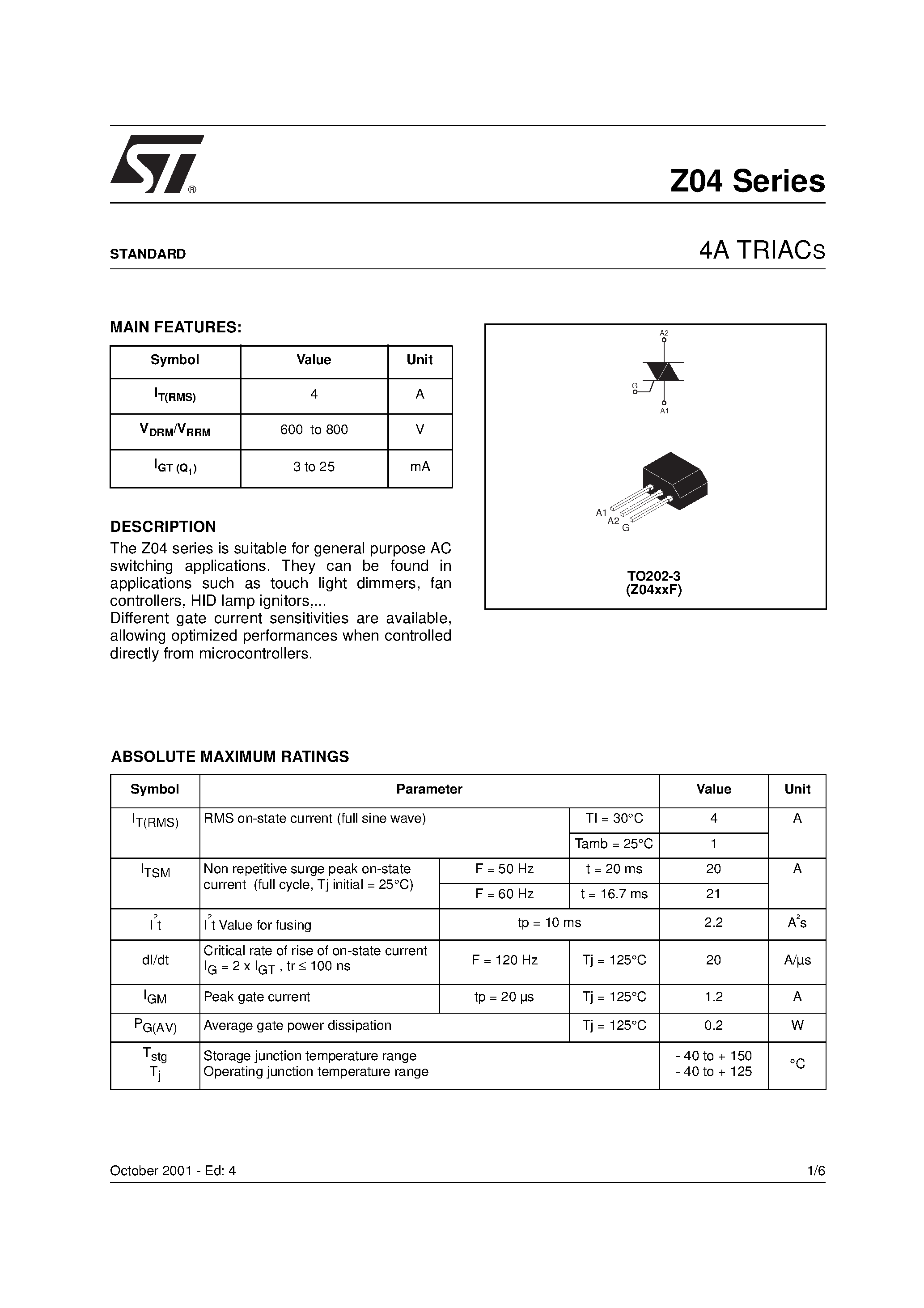 Datasheet Z0410SF - 4A TRIACS page 1