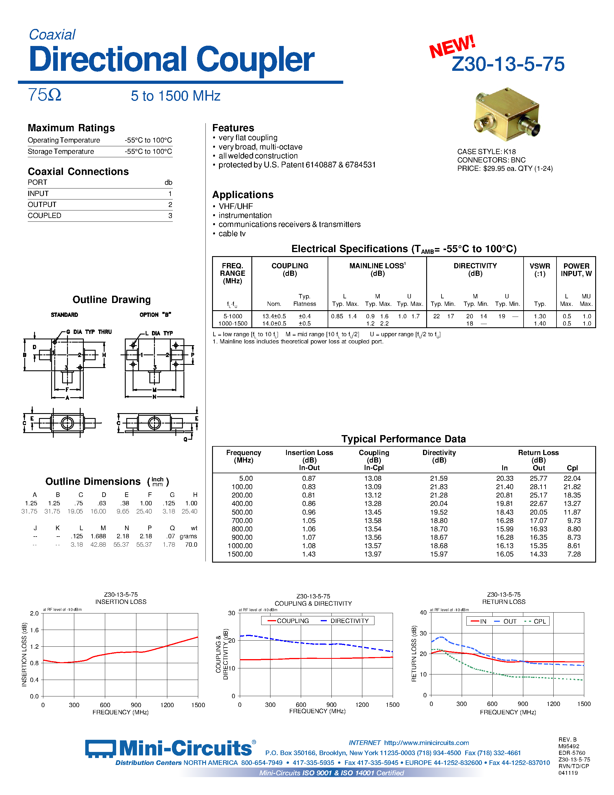 Datasheet Z30-13-5-75 - Directional Coupler 75 5 to 1500 MHz page 1