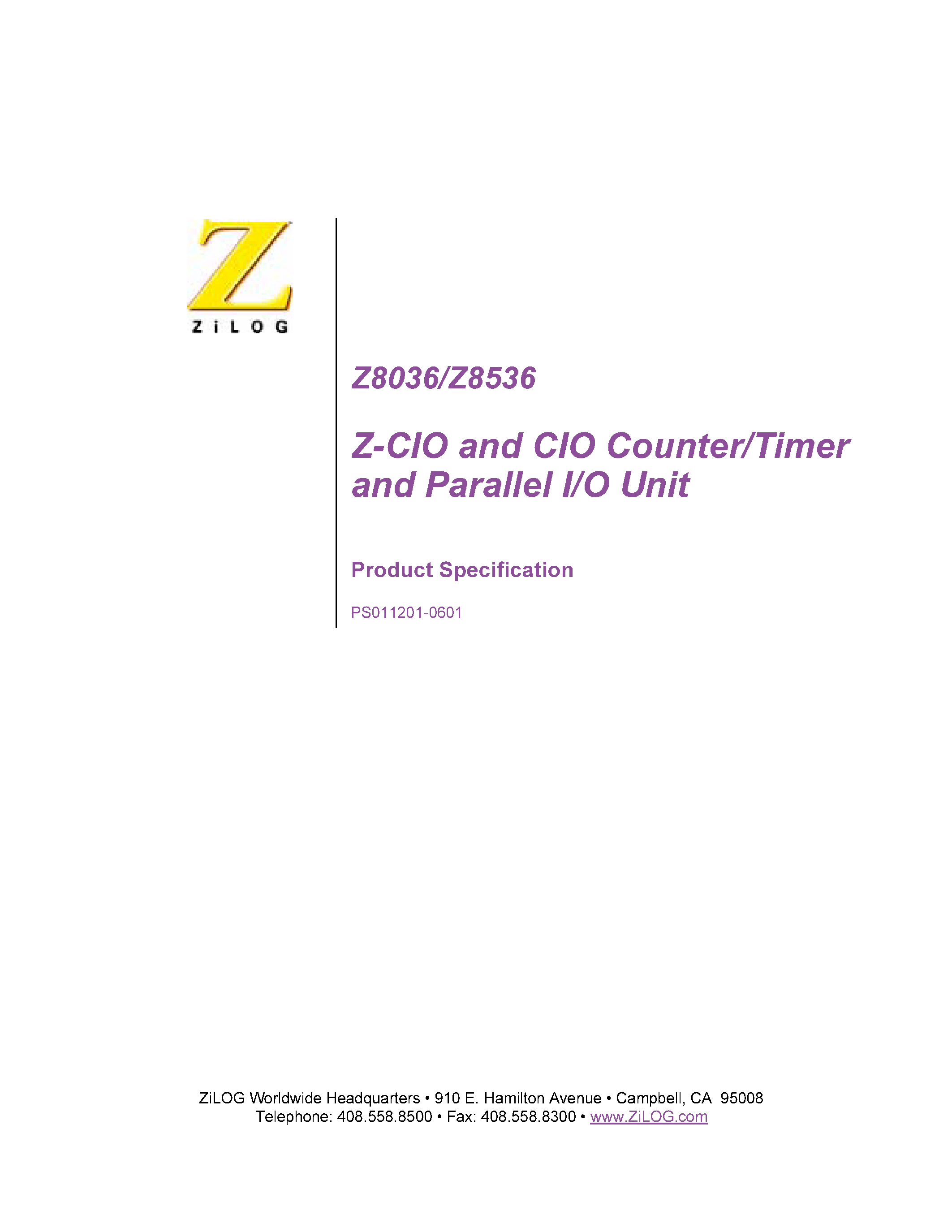 Даташит Z8036 - Z-CIO AND CIO COUNTER/TIMER AND PARALLEL I/O UNIT страница 1