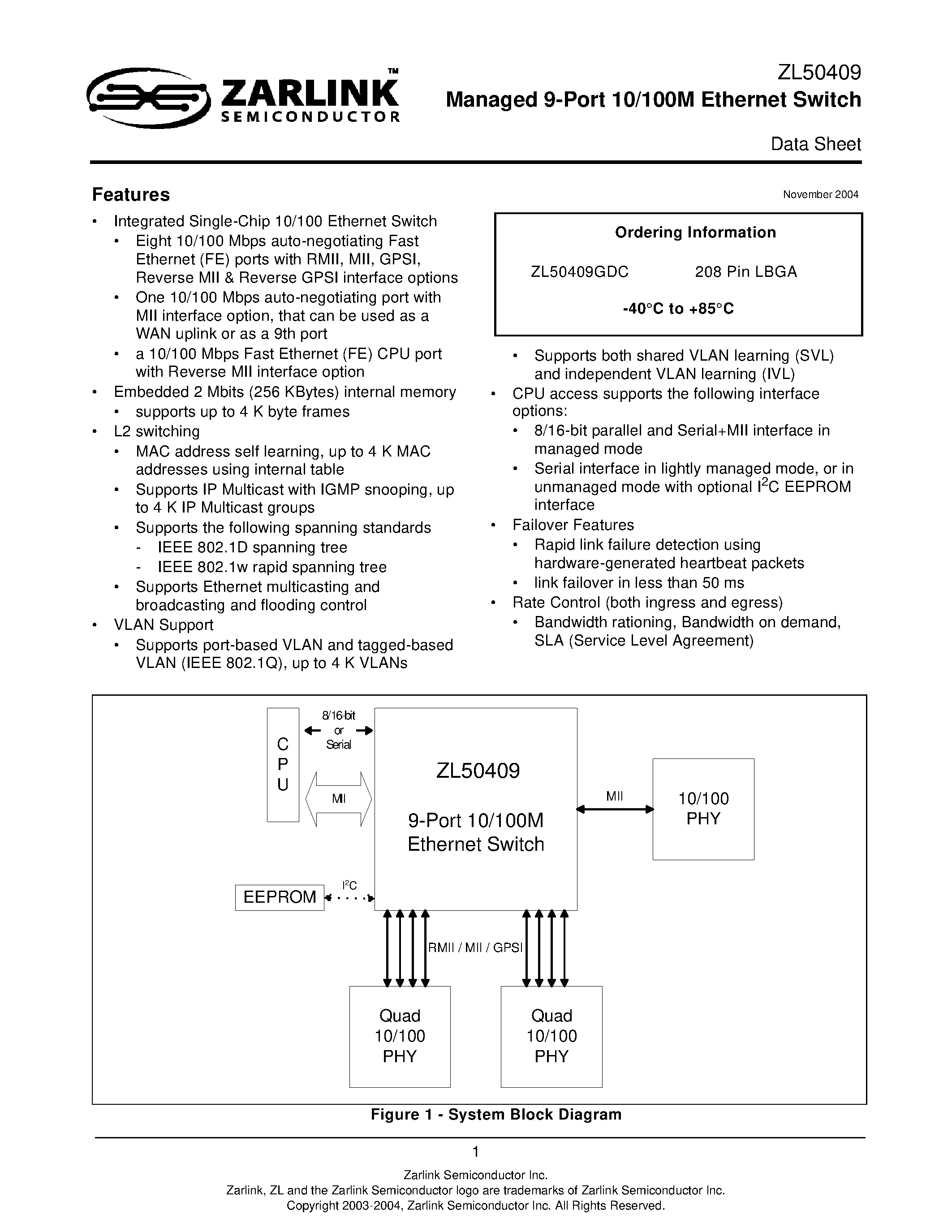 Datasheet ZL50409 - Managed 9-Port 10/100M Ethernet Switch page 1
