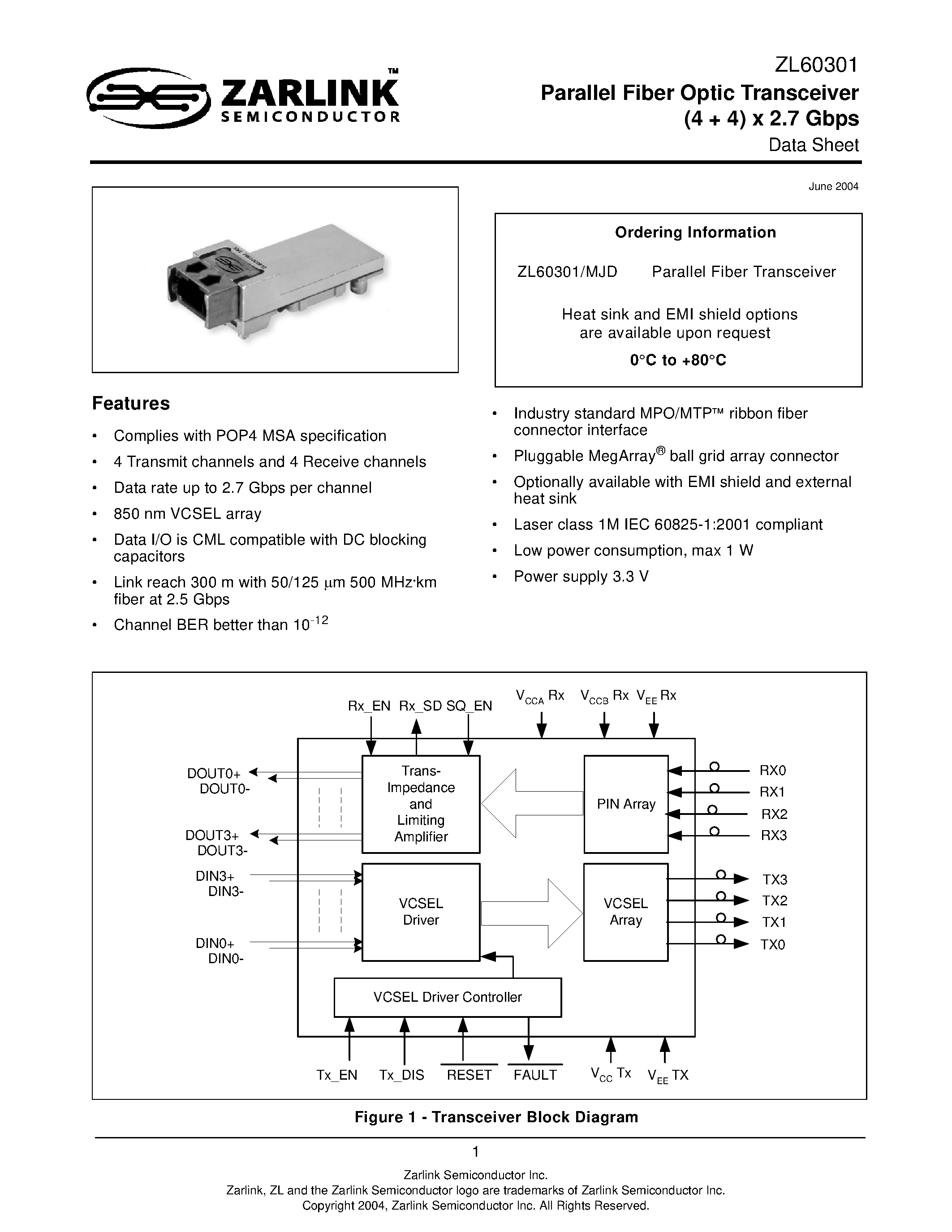 Даташит ZL60301MJD - Parallel Fiber Optic Transceiver (4 + 4) x 2.7 Gbps страница 1