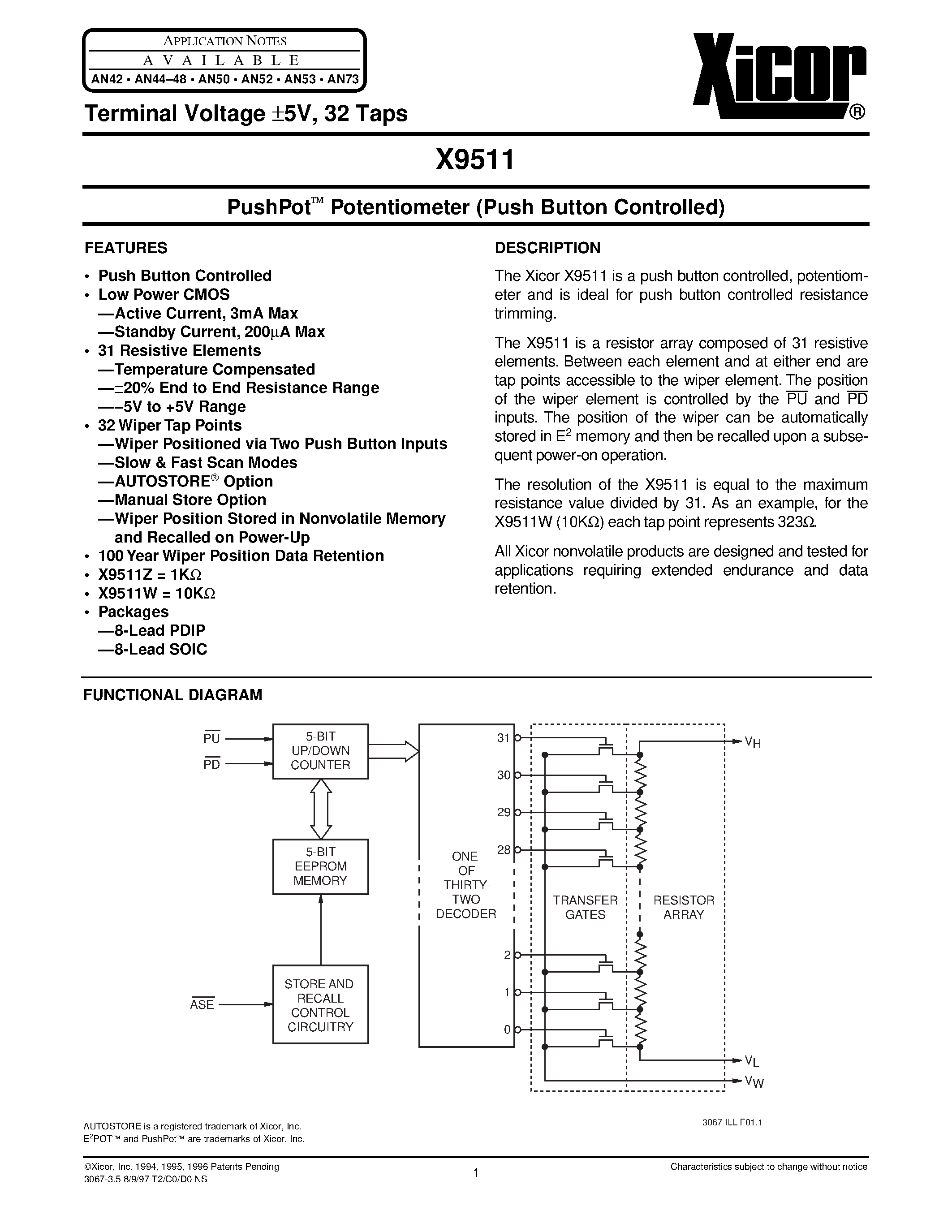 Даташит X9511 - PushPot O Potentiometer (Push Button Controlled) страница 1