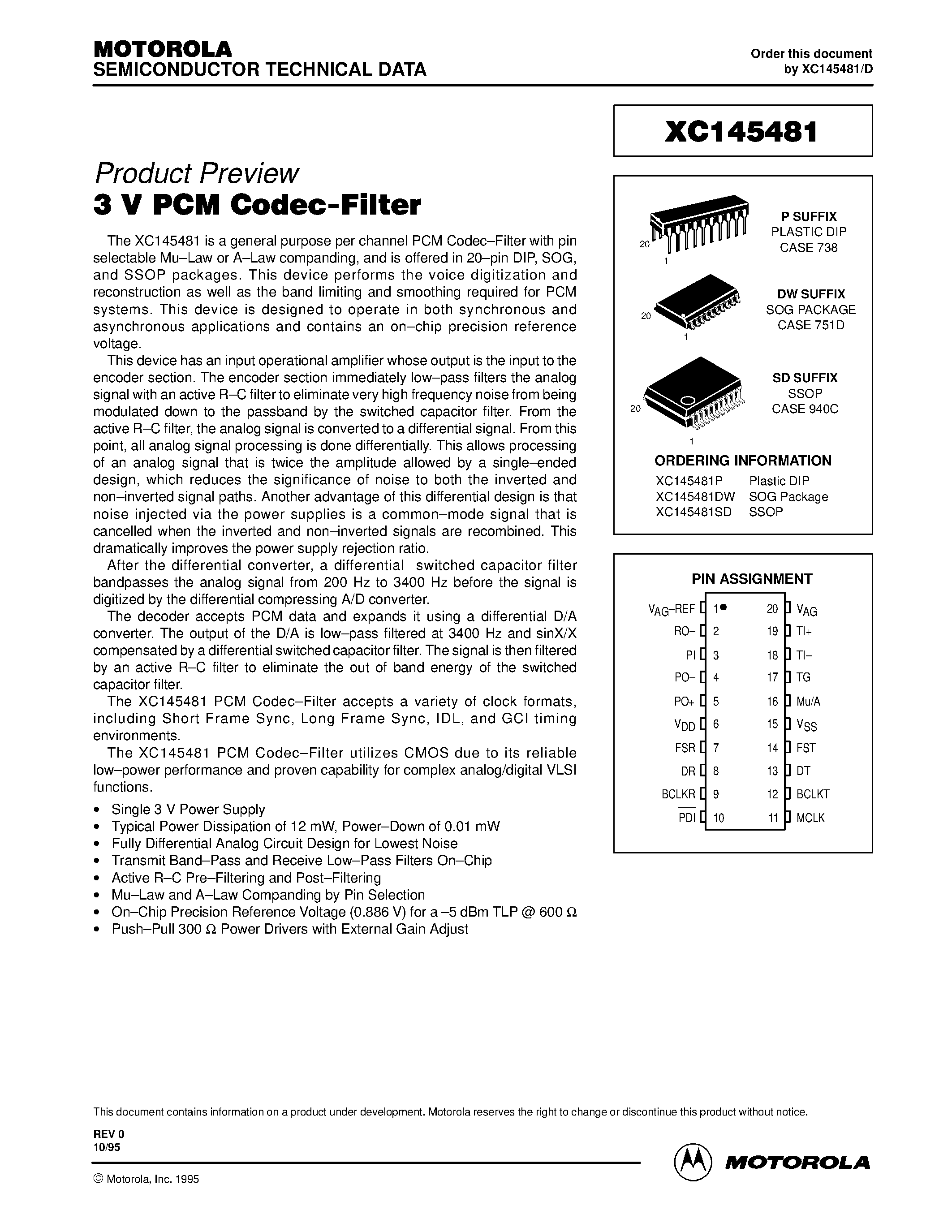 Datasheet XC145481P - 3 V PCM Codec-Filter page 1