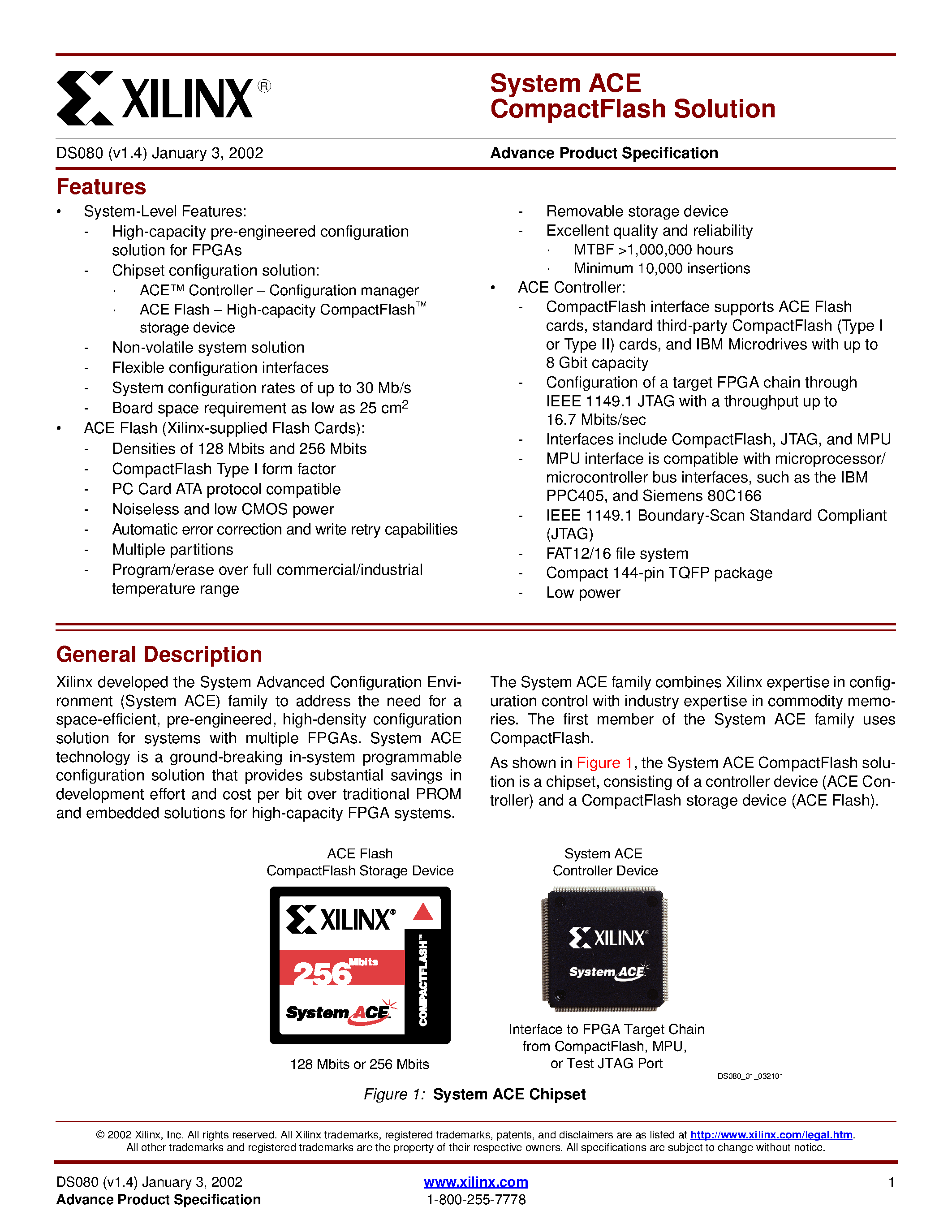 Даташит XCCACE-TQ144I - System ACE CompactFlash Solution страница 1