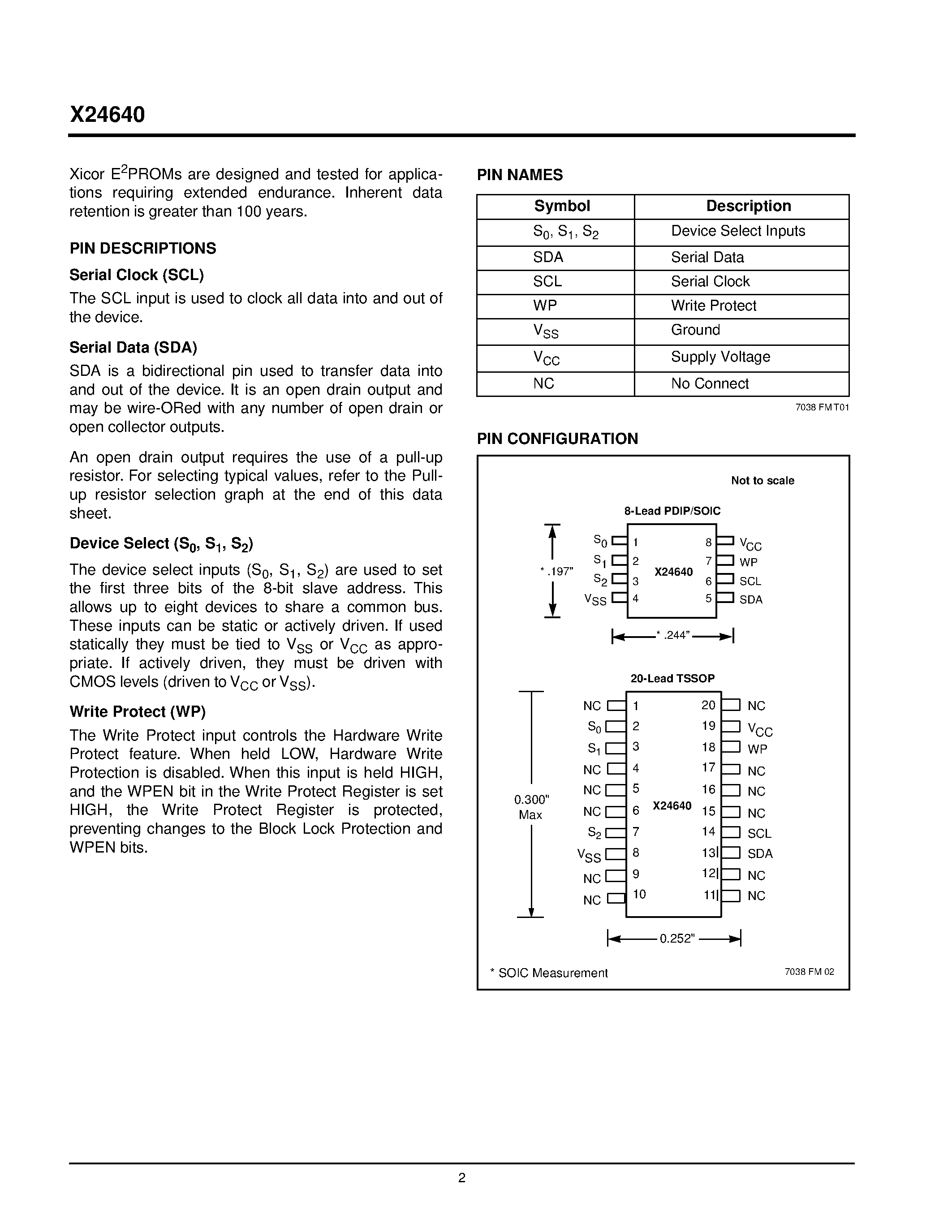 Datasheet X24640P-2.5 - 400KHz 2-Wire Serial E 2 PROM with Block Lock page 2