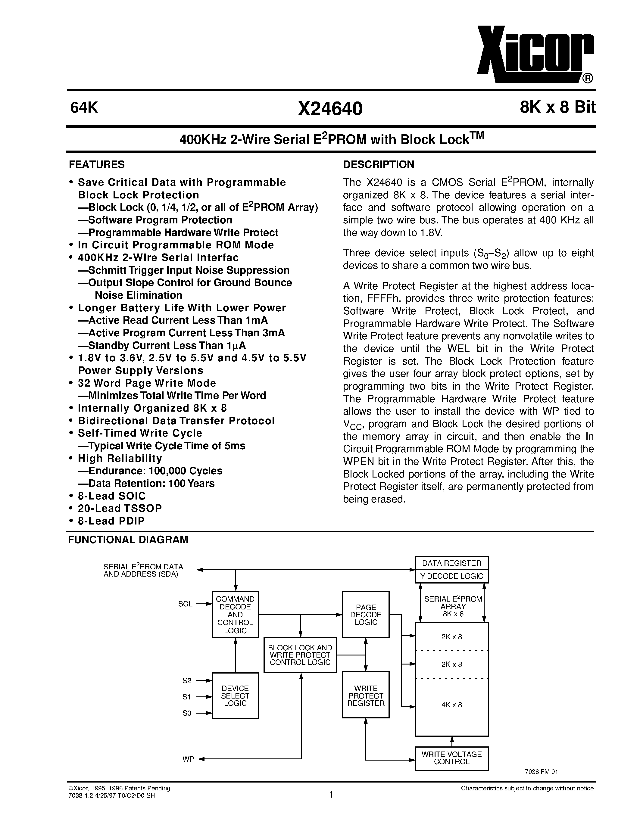 Datasheet X24640S8I-2.5 - 400KHz 2-Wire Serial E 2 PROM with Block Lock page 1