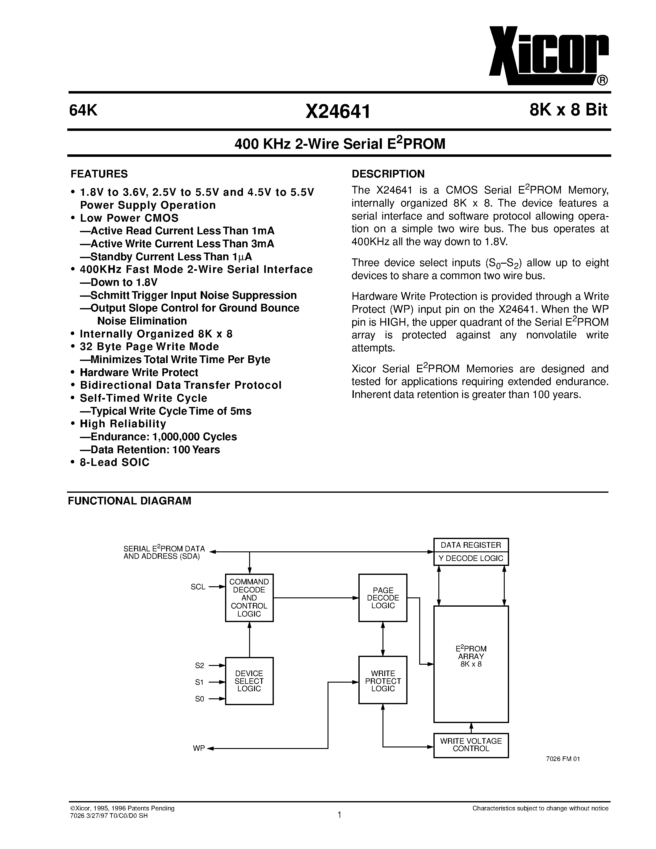 Даташит X24641S8I-2.5 - 400 KHz 2-Wire Serial E 2 PROM страница 1