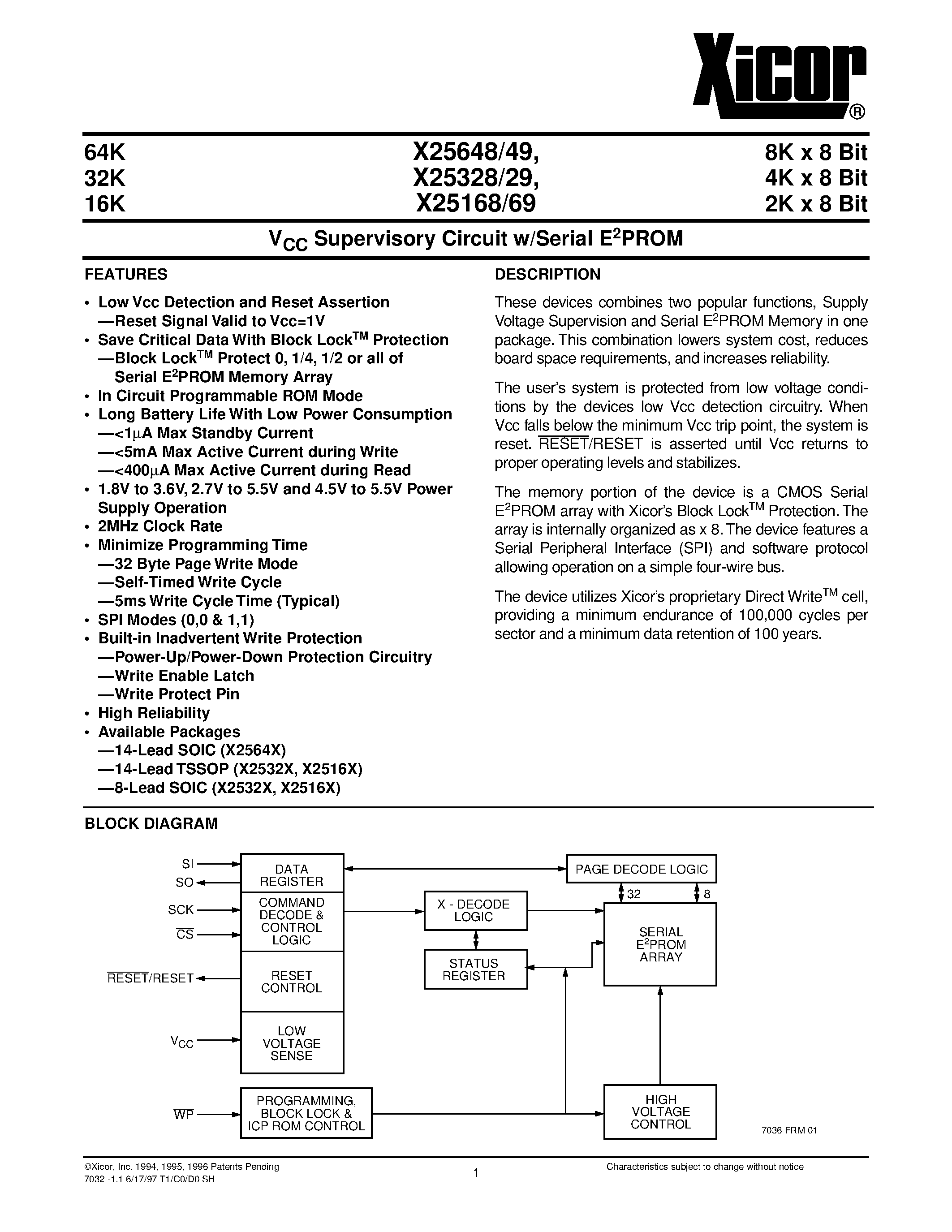 Даташит X25329S8-1.8 - V CC Supervisory Circuit w/Serial E 2 PROM страница 1