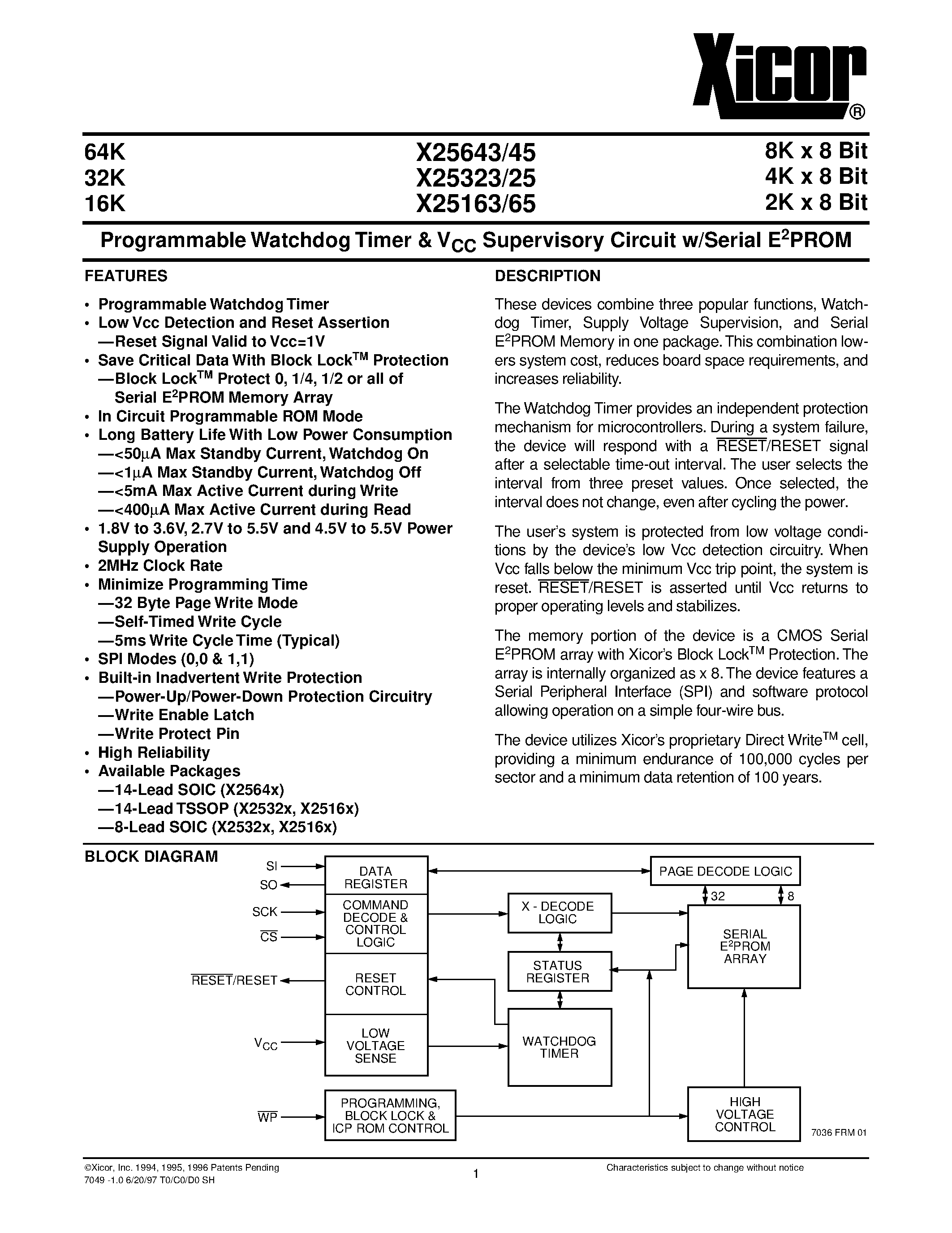 Datasheet X25643 - Programmable Watchdog Timer & V CC Supervisory Circuit w/Serial E 2 PROM page 1