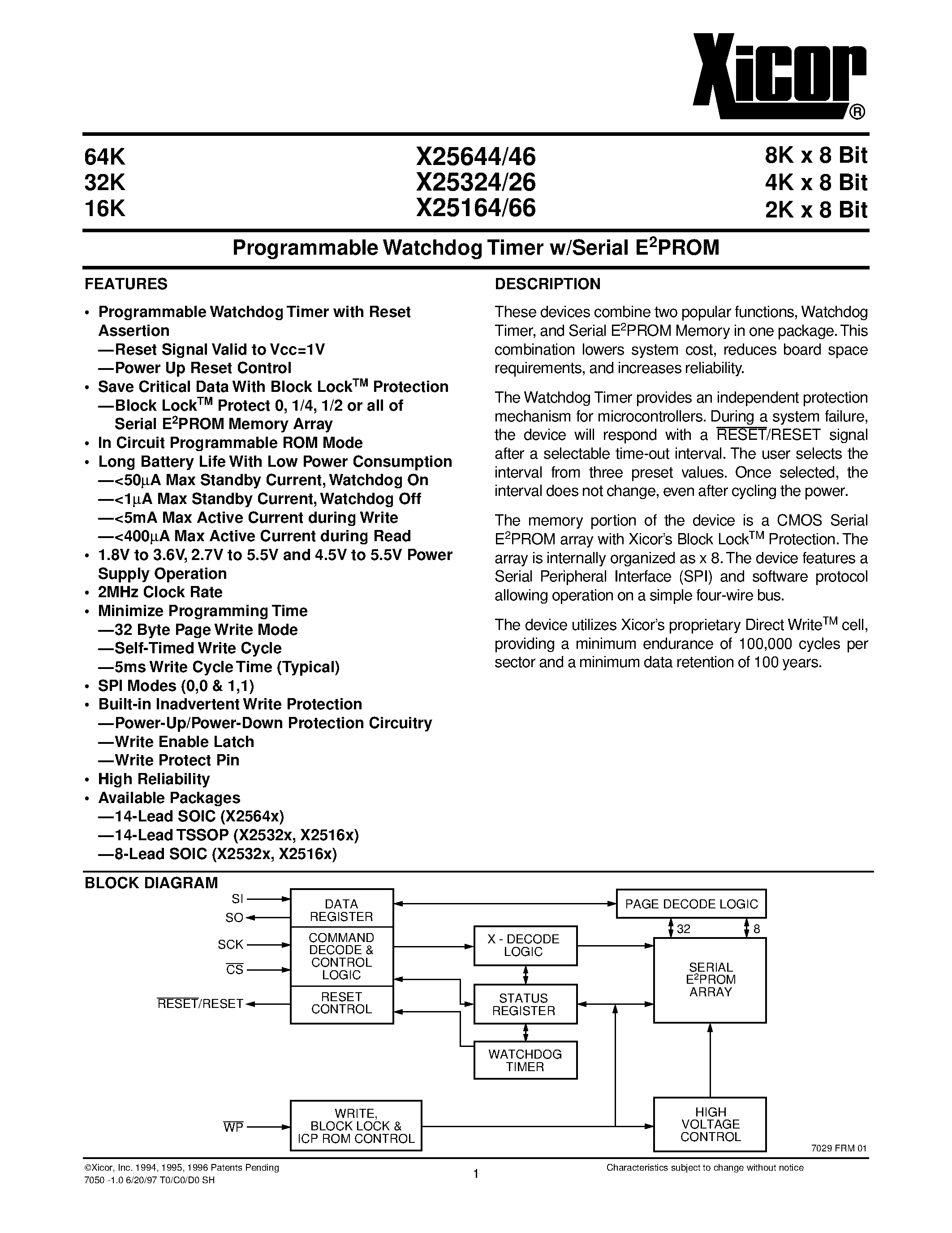 Даташит X25646V14-2.7 - Programmable Watchdog Timer w/Serial E 2 PROM страница 1