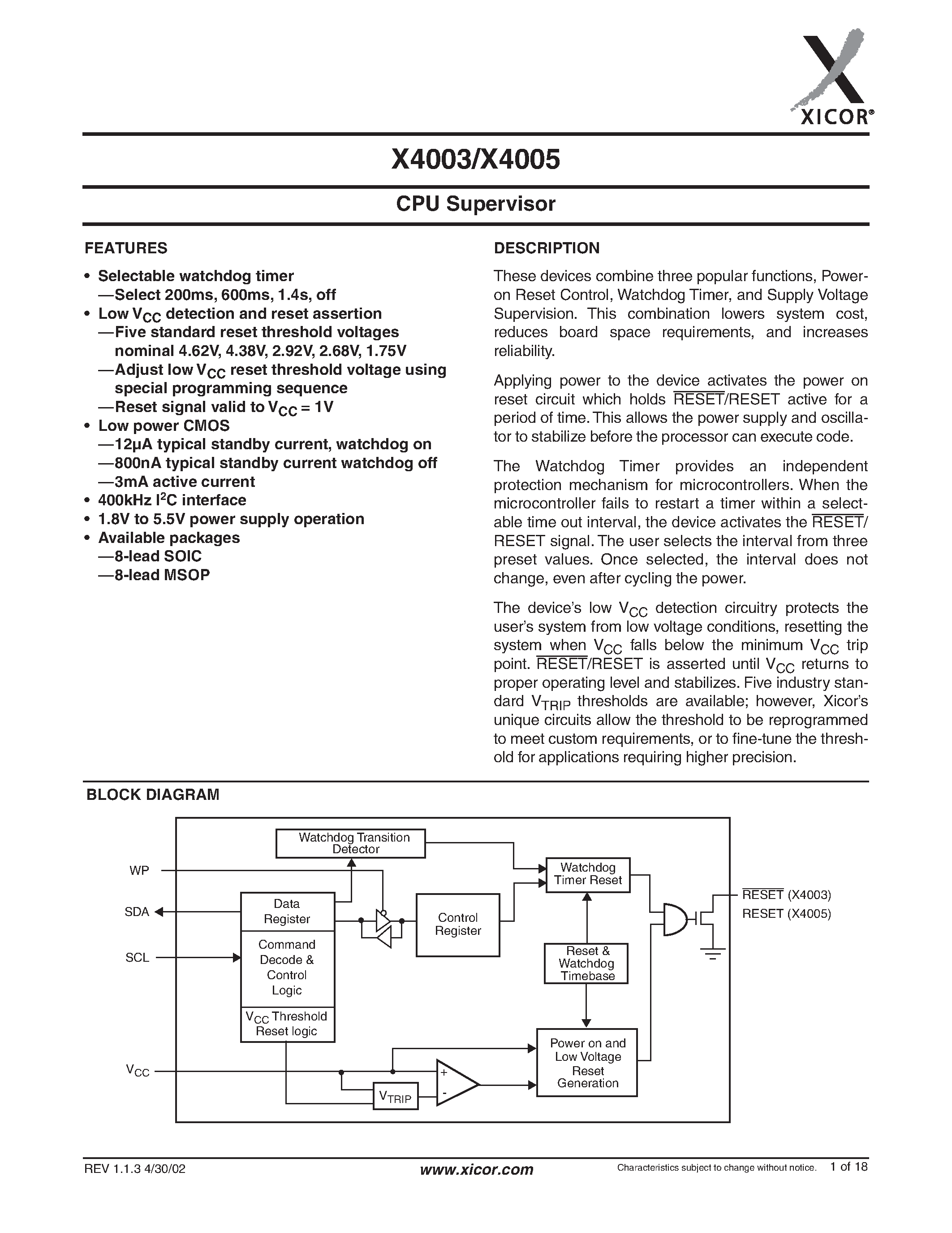 Даташит X4005S8I-4.5A - CPU Supervisor страница 1