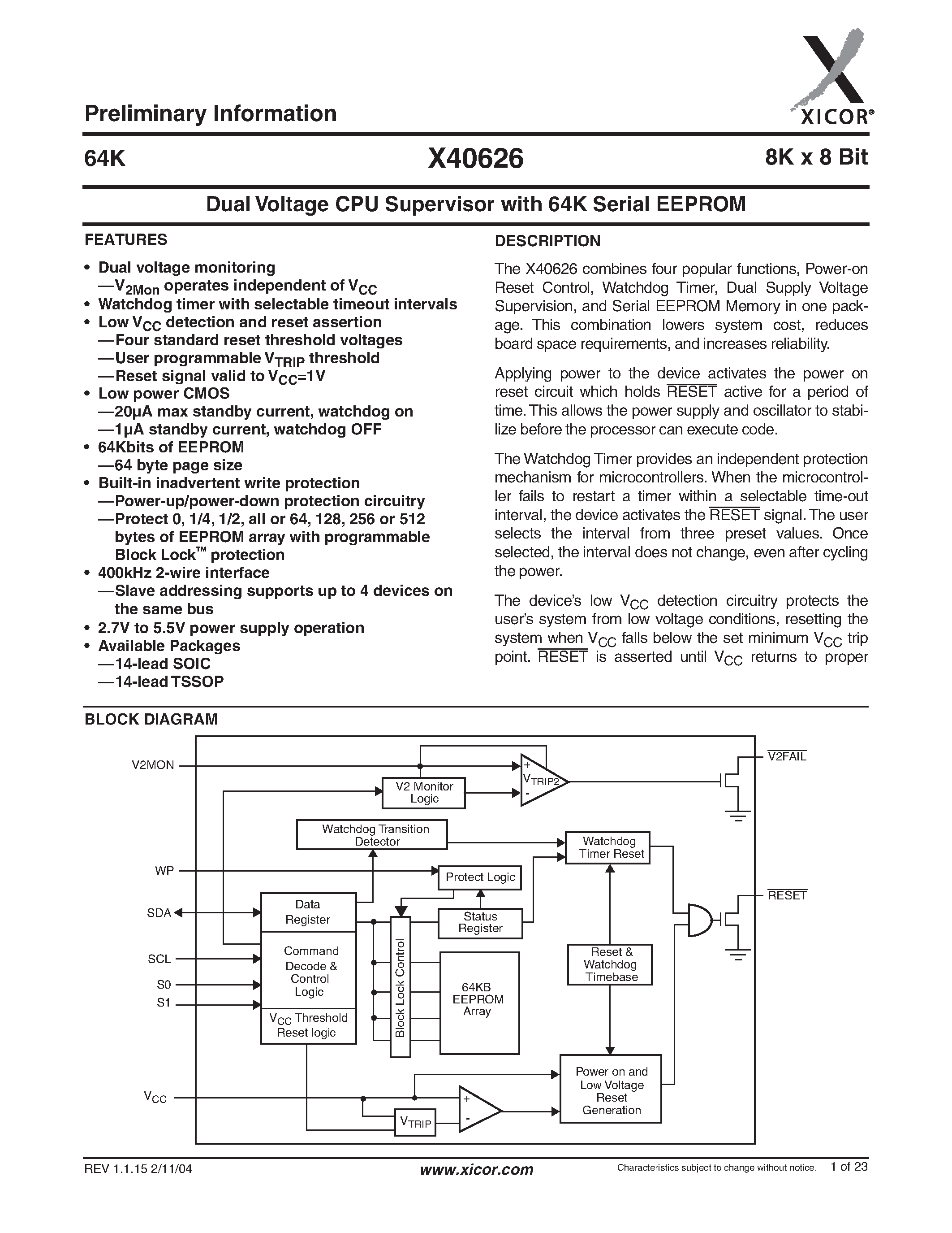 Даташит X40626V14I-4.5A - Dual Voltage CPU Supervisor with 64K Serial EEPROM страница 1