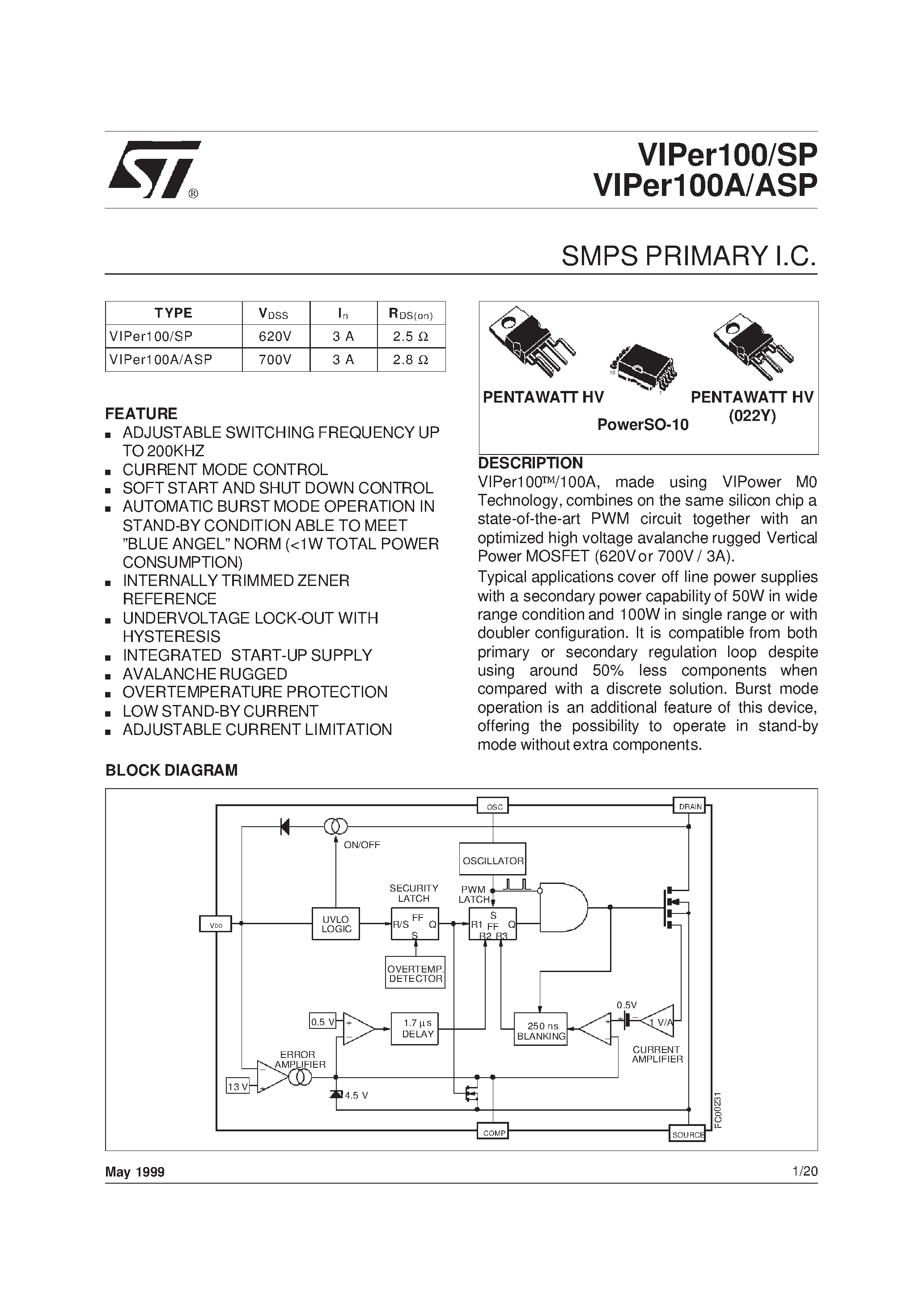 Datasheet VIPER100 - SMPS PRIMARY I.C. page 1