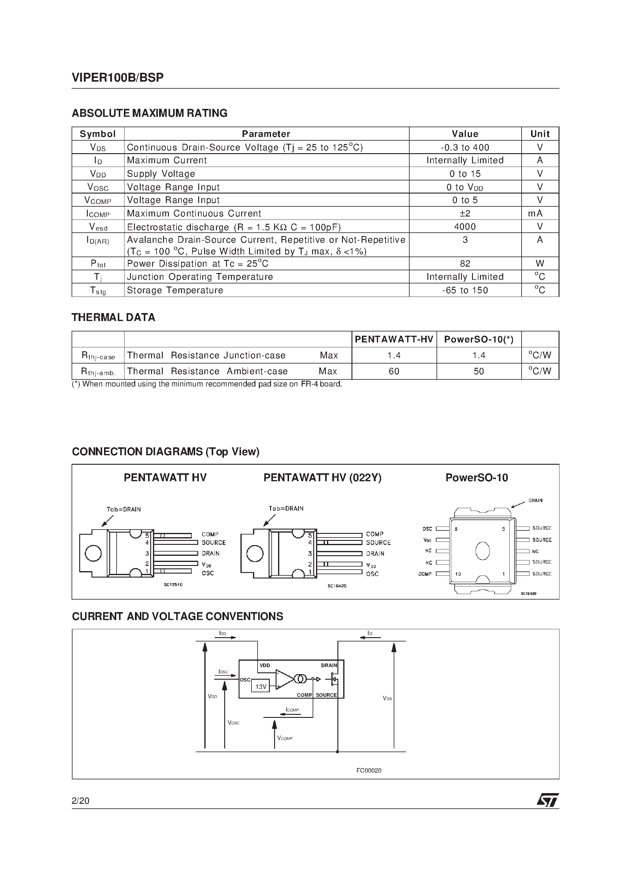 Datasheet VIPER100B - SMPS PRIMARY I.C. page 2