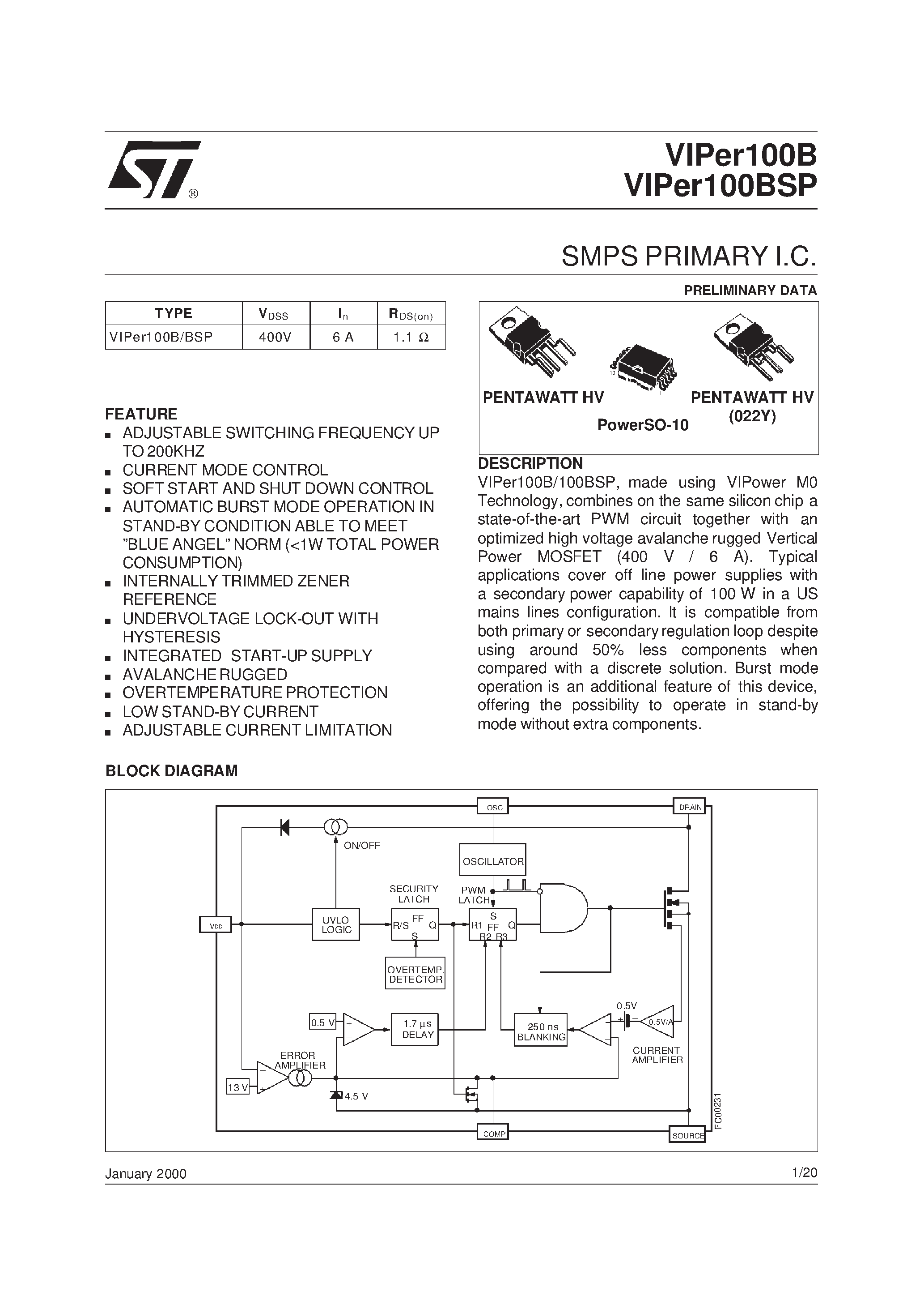 Datasheet VIPer100BSP - SMPS PRIMARY I.C. page 1