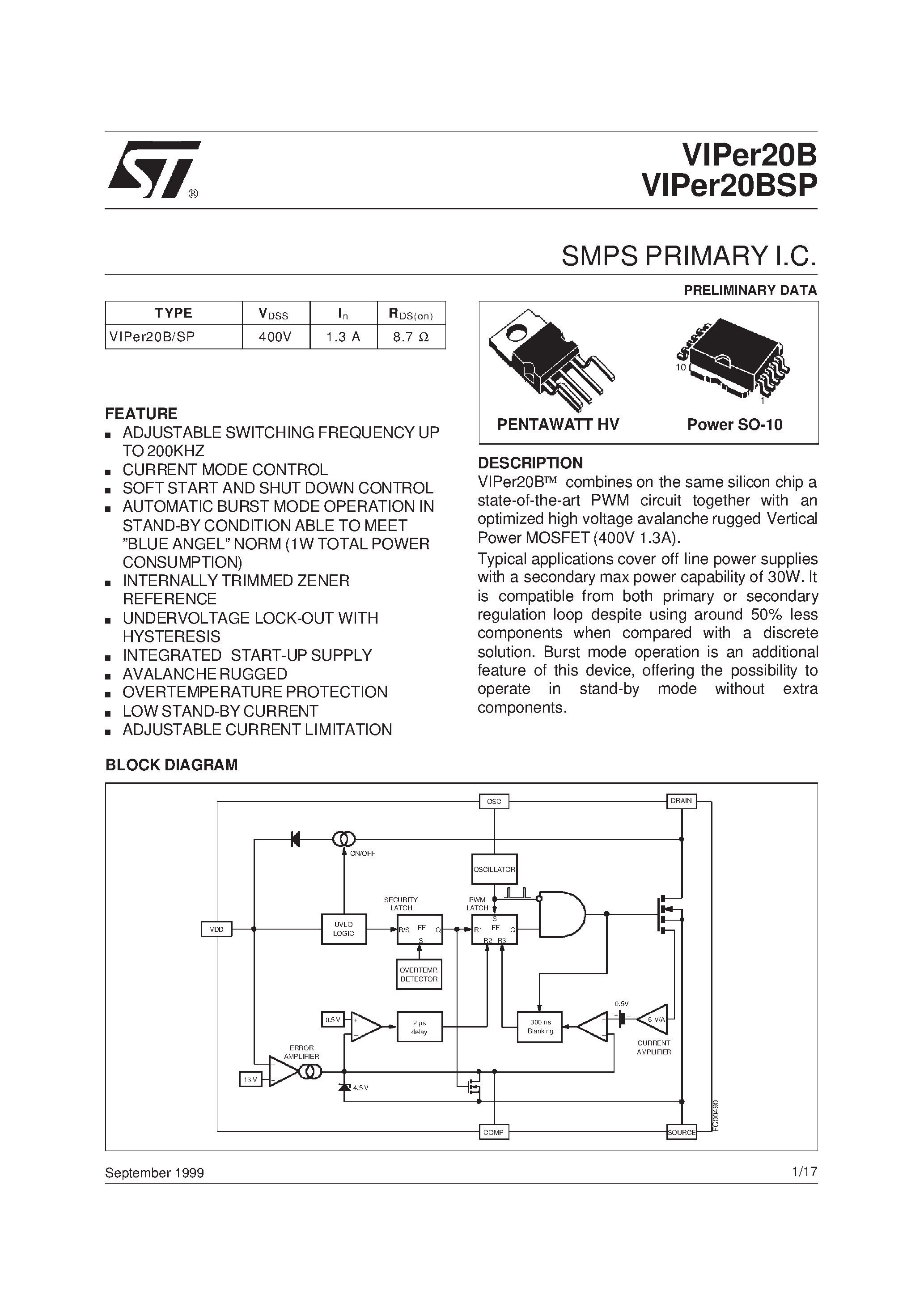 Datasheet VIPER20B - SMPS PRIMARY I.C. page 1