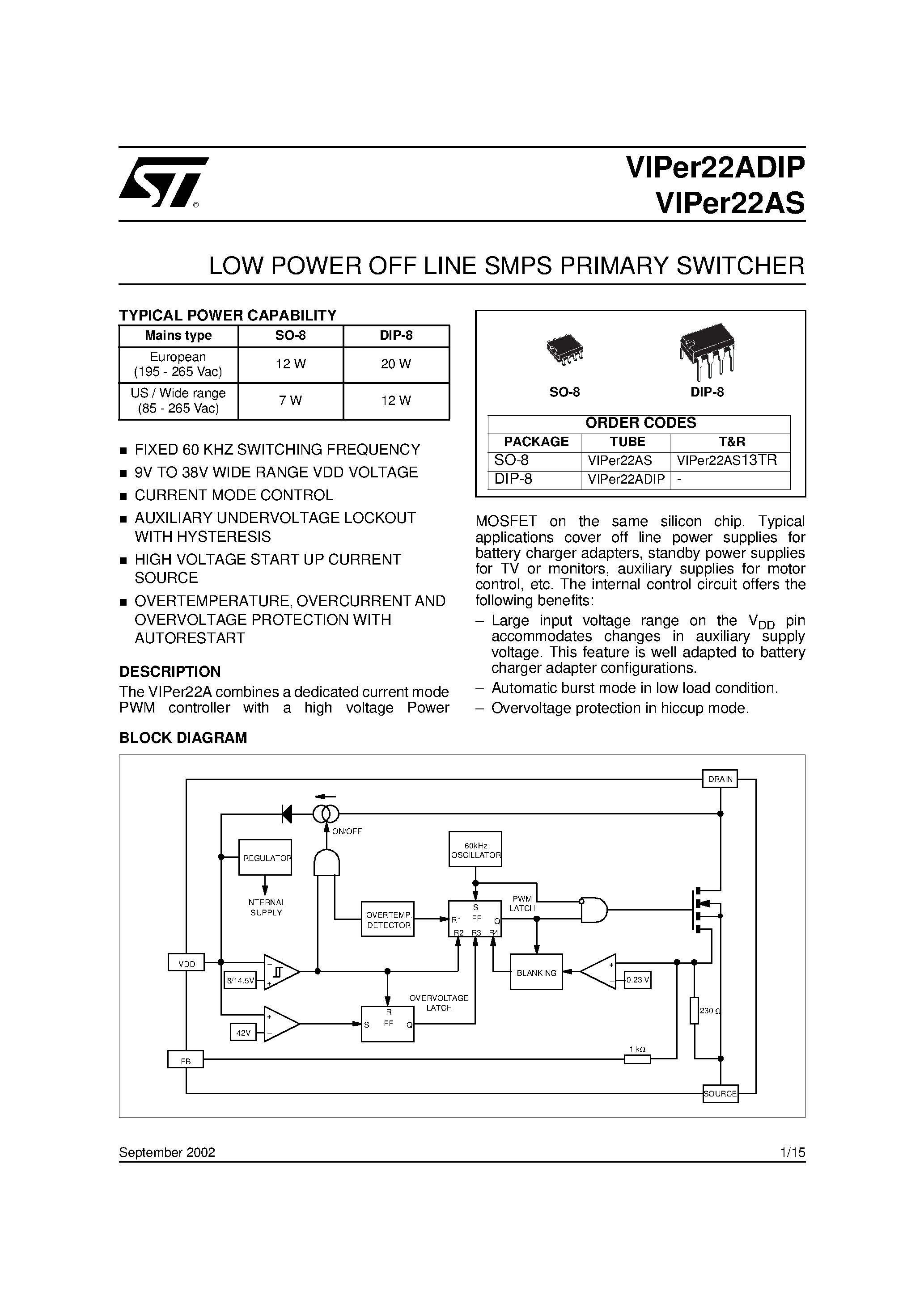 Даташит VIPer22AS - LOW POWER OFF LINE SMPS PRIMARY SWITCHER страница 1