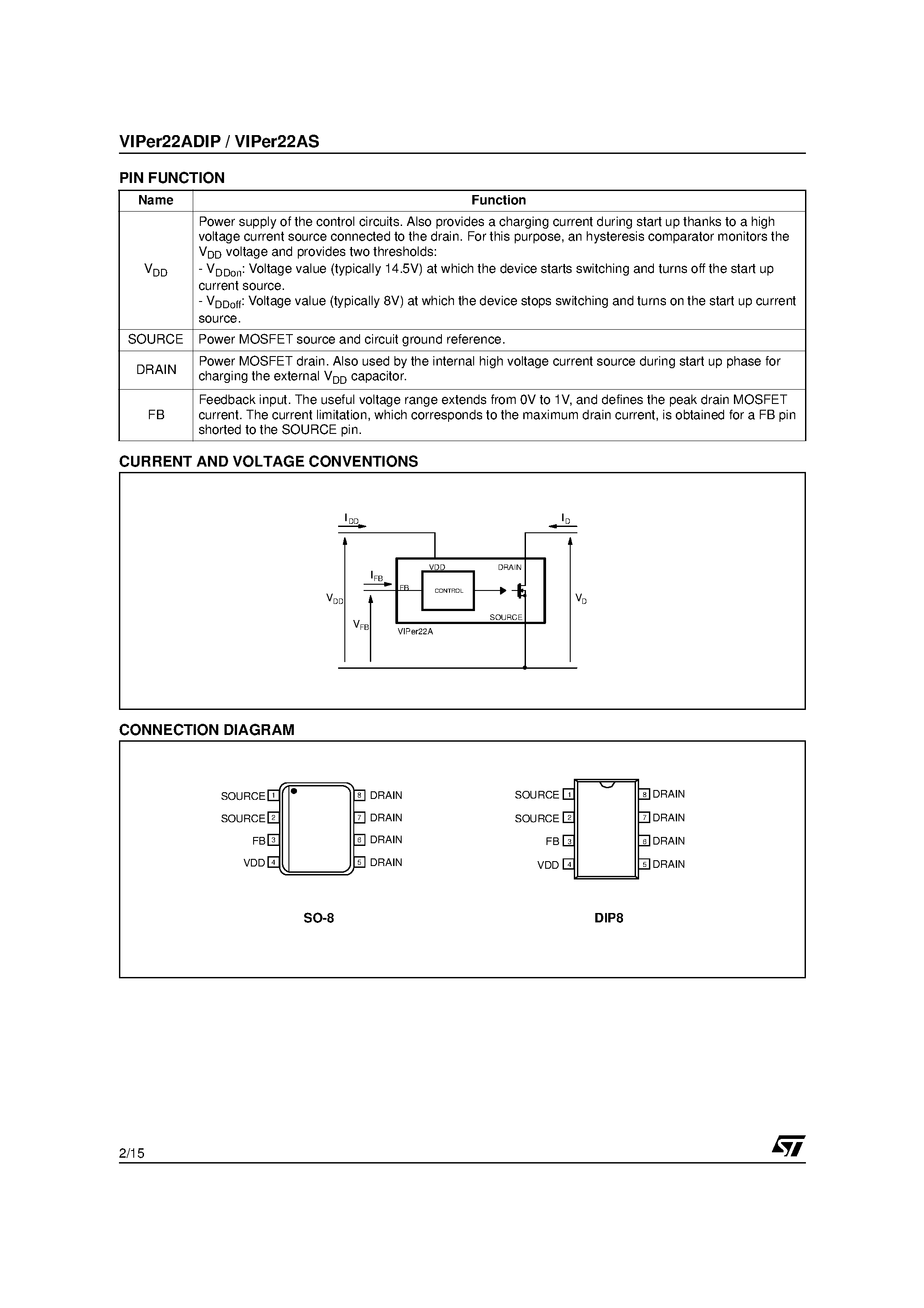 Datasheet VIPer22AS - LOW POWER OFF LINE SMPS PRIMARY SWITCHER page 2