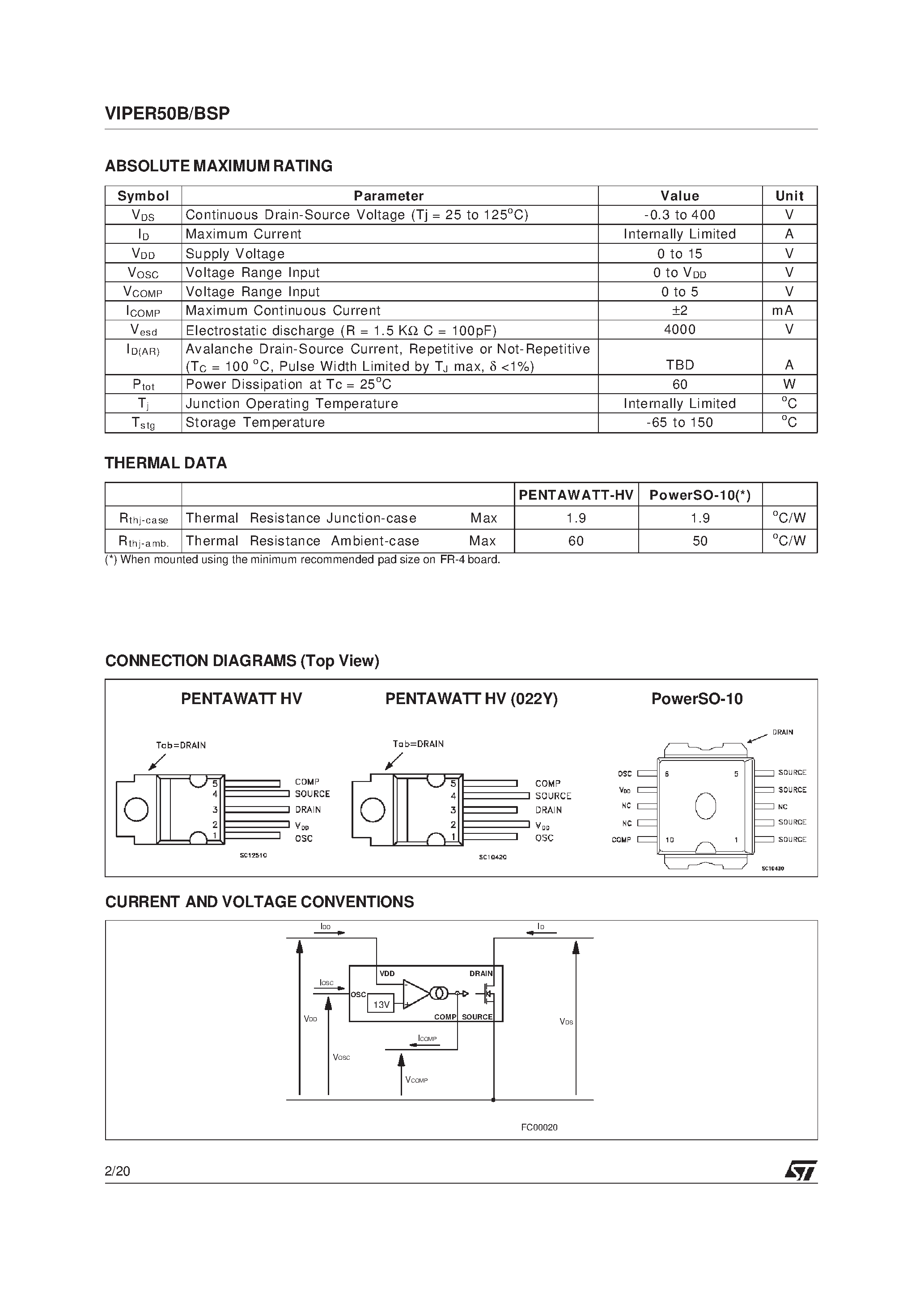 Datasheet VIPER50B - SMPS PRIMARY I.C. page 2