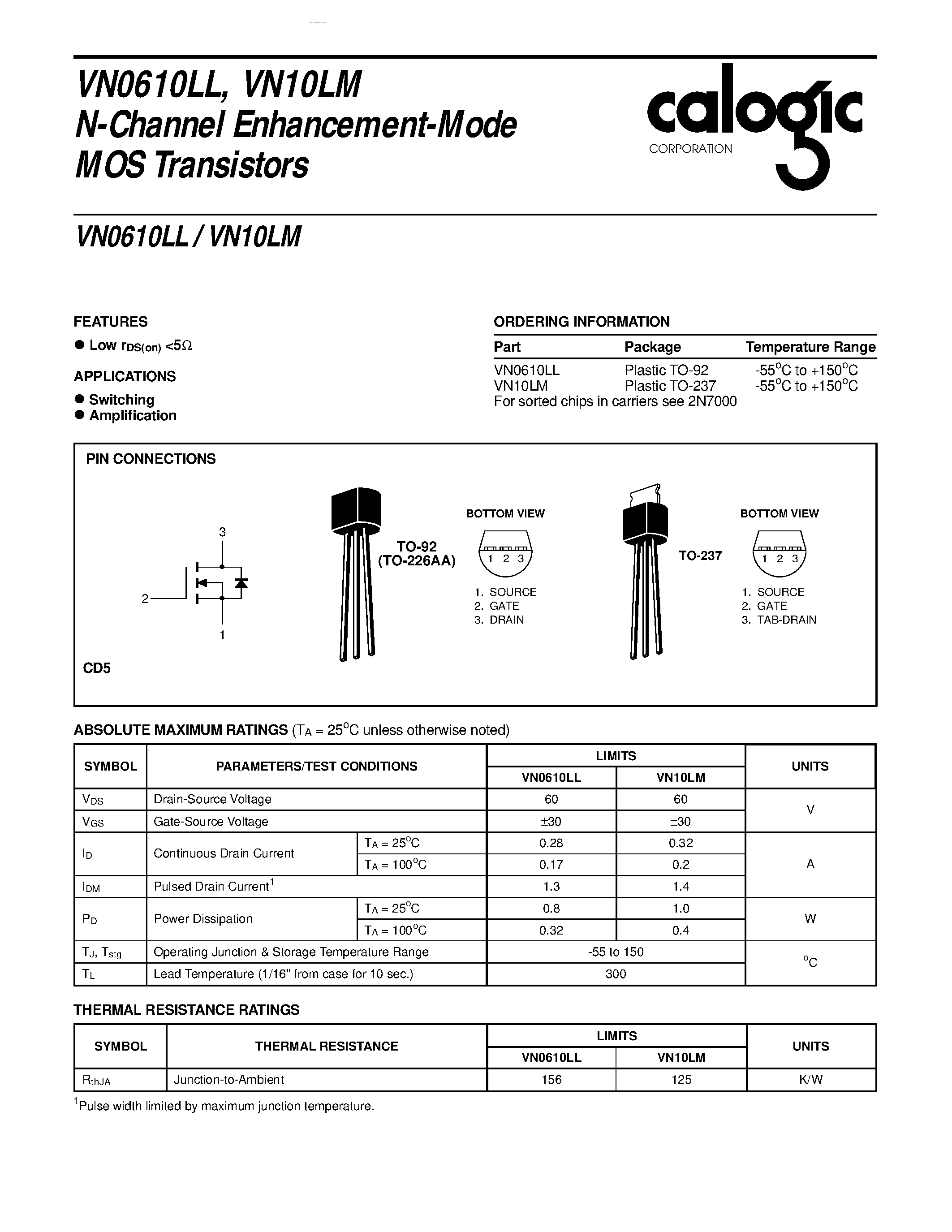 Datasheet VN0610LL - N CHANNEL ENHANCEMENT MODE D MOS POWER FETS page 1