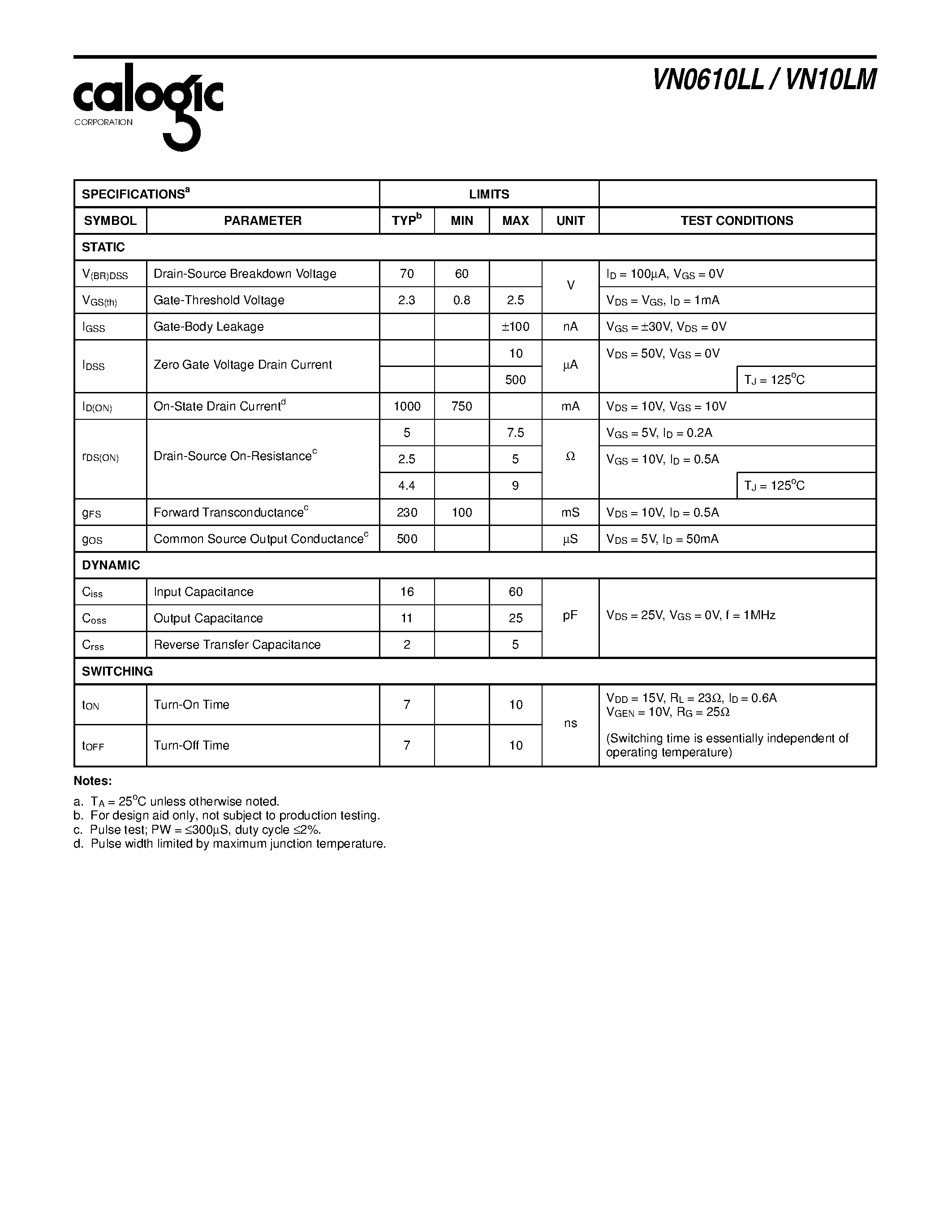 Datasheet VN0610LL - N CHANNEL ENHANCEMENT MODE D MOS POWER FETS page 2