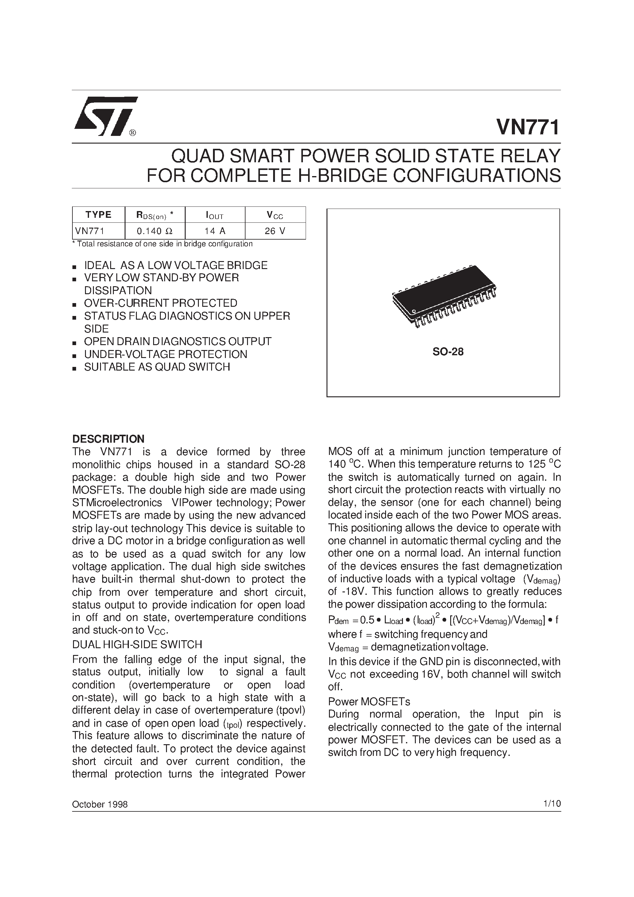 Datasheet VN771 - QUAD SMART POWER SOLID STATE RELAY FOR COMPLETE H-BRIDGE CONFIGURATIONS page 1