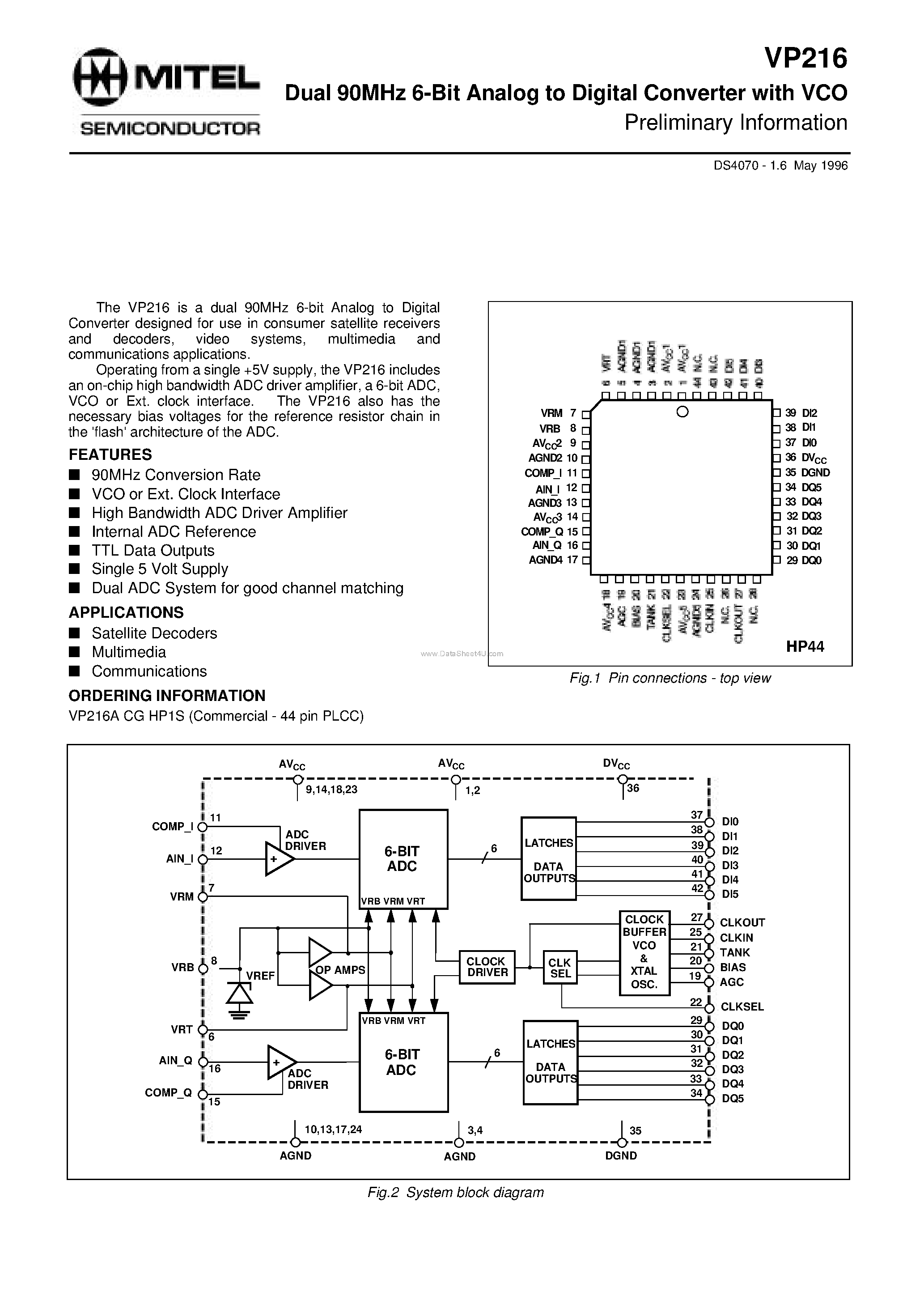 Даташит VP216 - Dual 90MHz 6-Bit Analog to Digital Converter with VCO страница 1